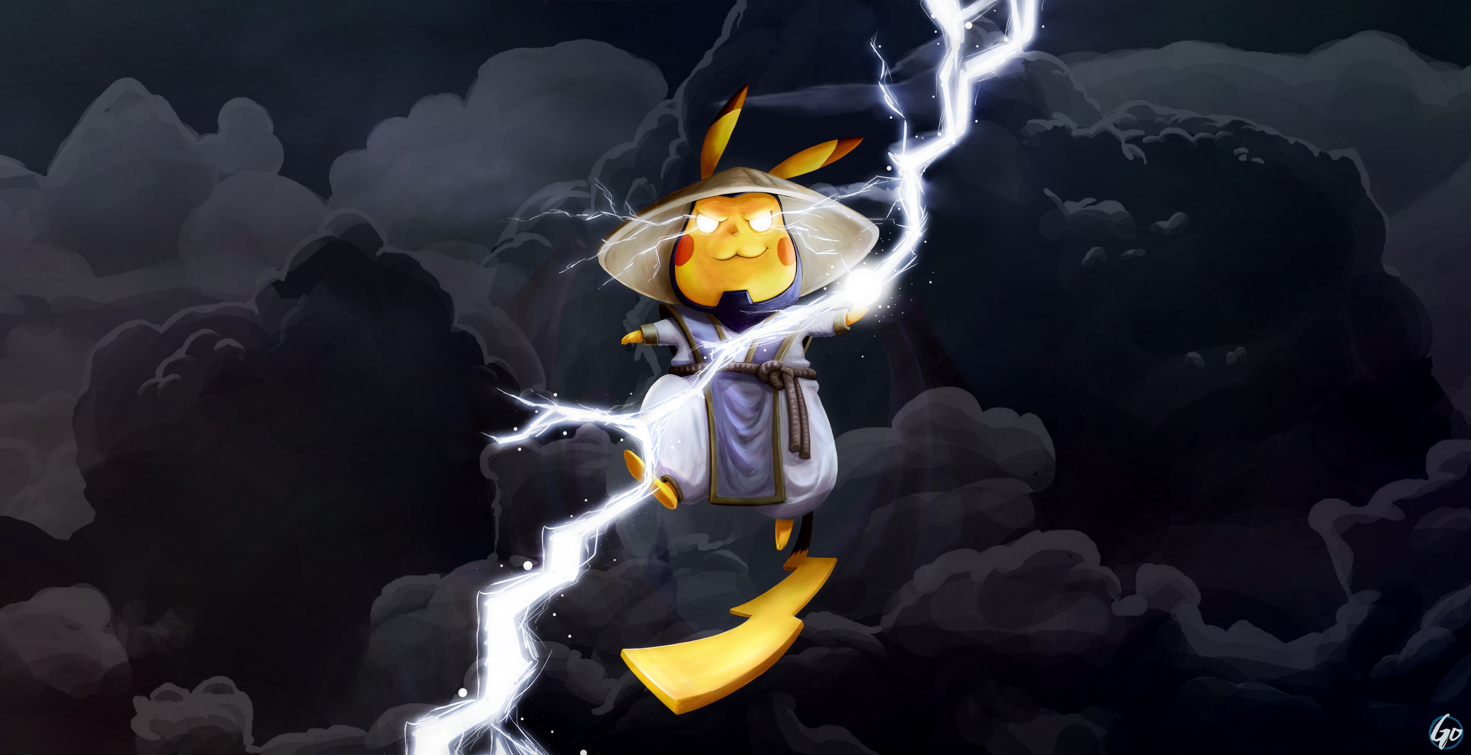 raiden (mortal kombat), pikachu, video game, crossover, cloud, lightning, mortal kombat, pokémon