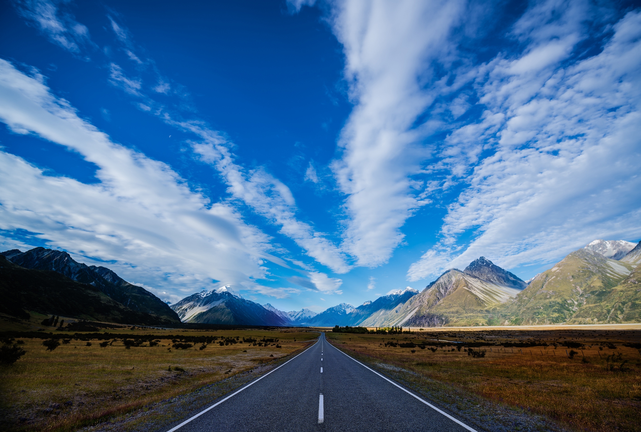 new zealand, highway, nature, sky, mountains, clouds, blue, road, track, route Full HD