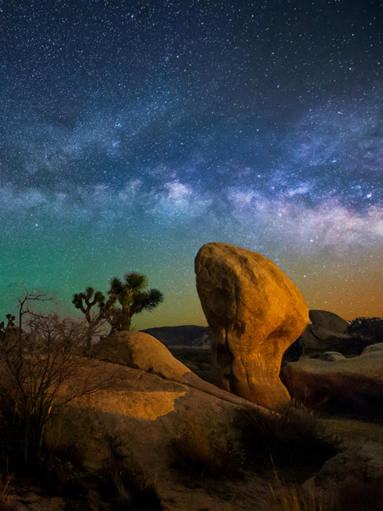 Download mobile wallpaper Desert, Starry Sky, Earth, Milky Way, Joshua Tree for free.