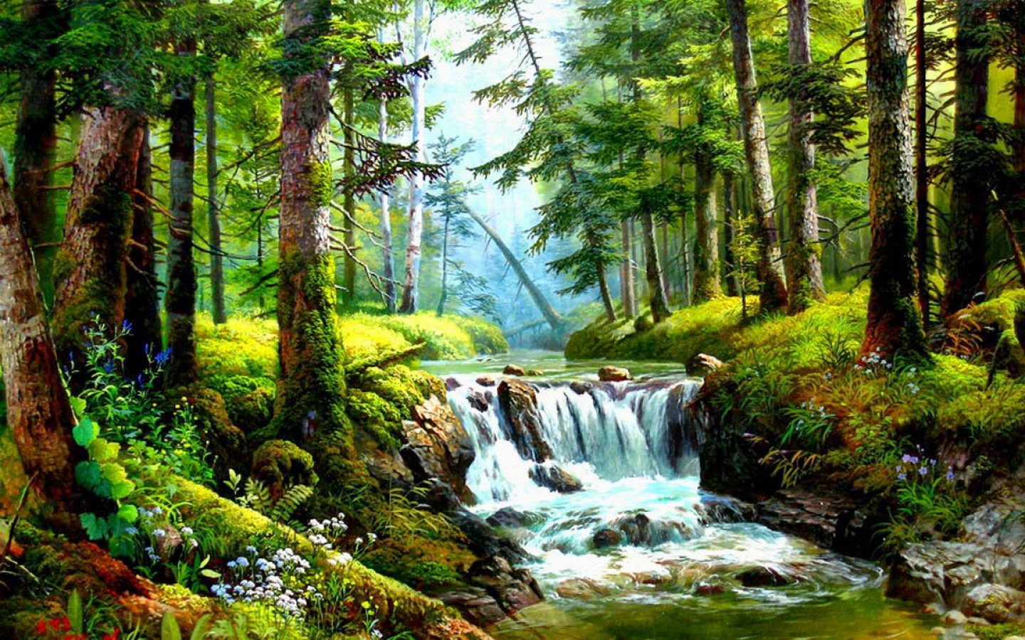 Скачать картинку Водопад, Лес, Дерево, Зеленый, Картина, Художественные в телефон бесплатно.