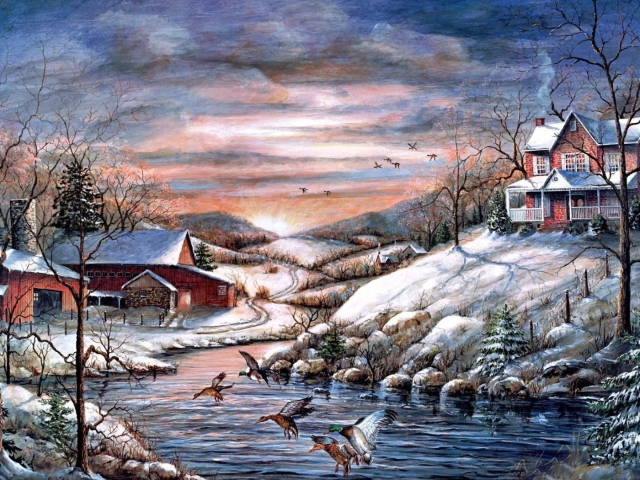 Free download wallpaper Winter, Snow, House, Duck, Painting, Artistic, River on your PC desktop
