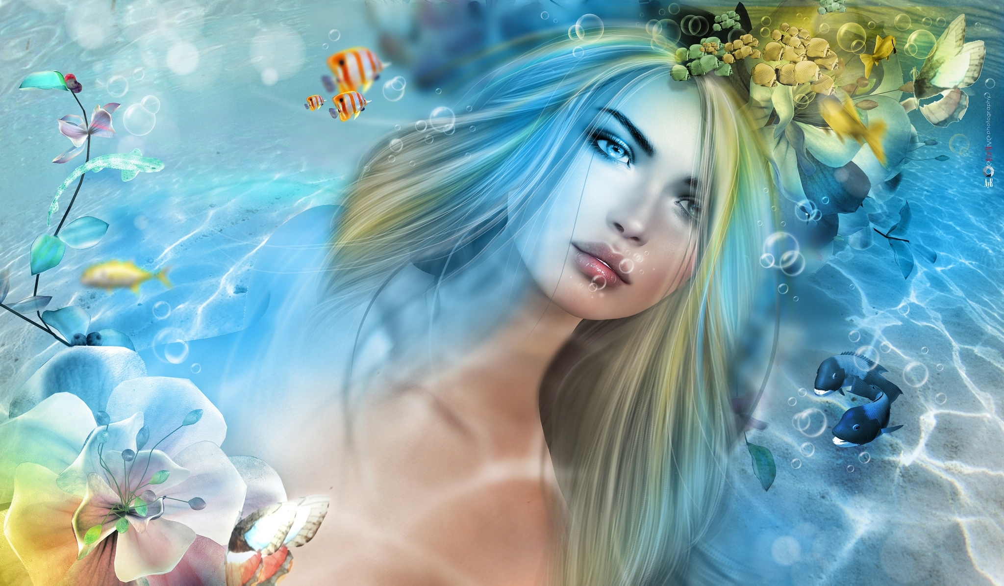 Laden Sie das Fantasie, Fisch, Unterwasser, Blondinen, Meerjungfrau, Aqua Augen-Bild kostenlos auf Ihren PC-Desktop herunter