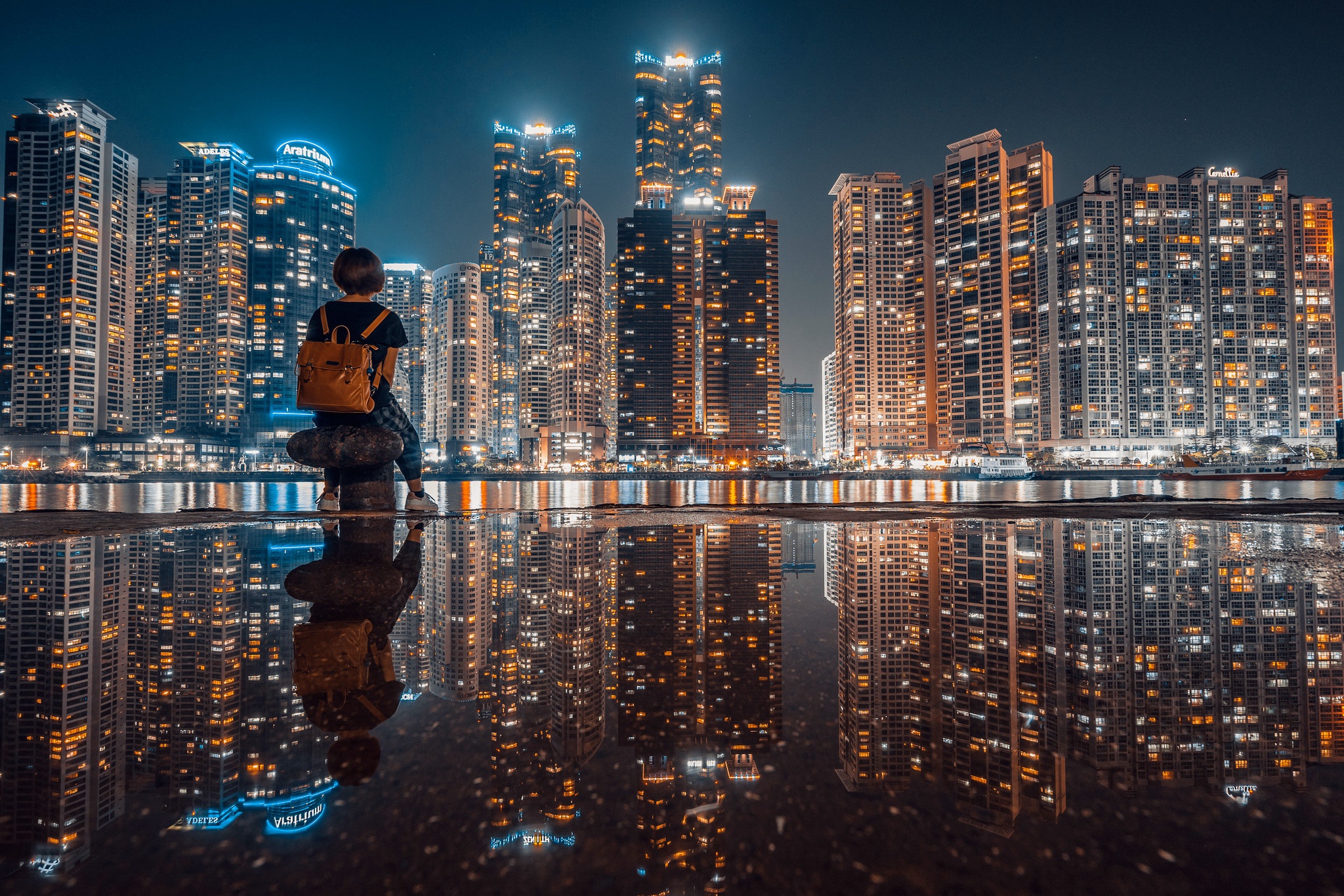 Download mobile wallpaper Night, City, Skyscraper, Building, Reflection, Photography for free.