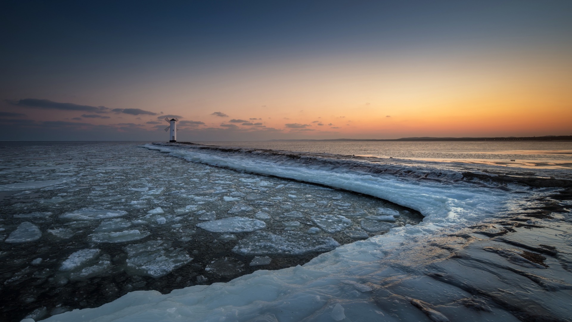 Download mobile wallpaper Winter, Sky, Ice, Horizon, Ocean, Lighthouse, Man Made for free.