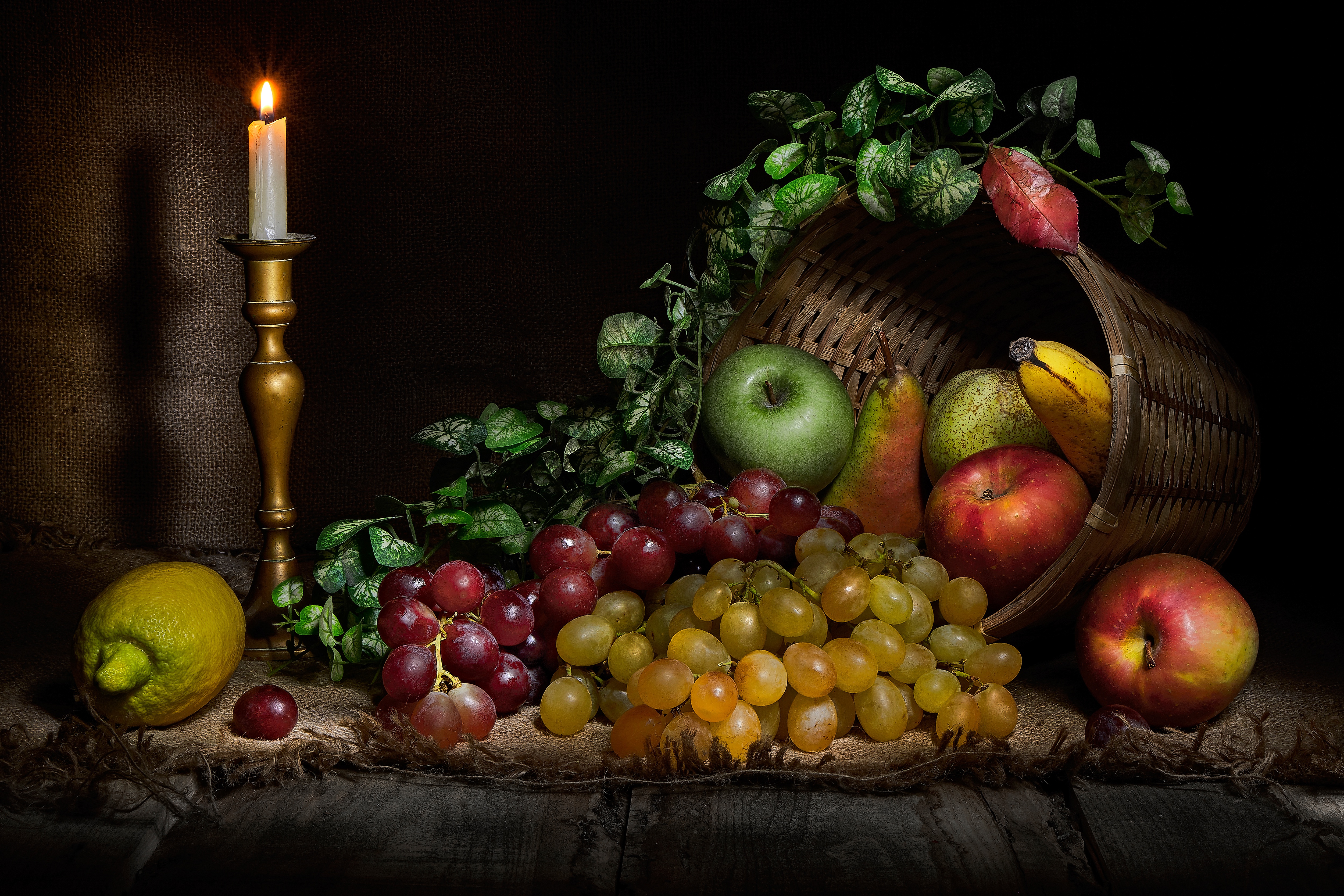 Download mobile wallpaper Food, Apple, Grapes, Still Life, Lemon, Fruit, Candle for free.