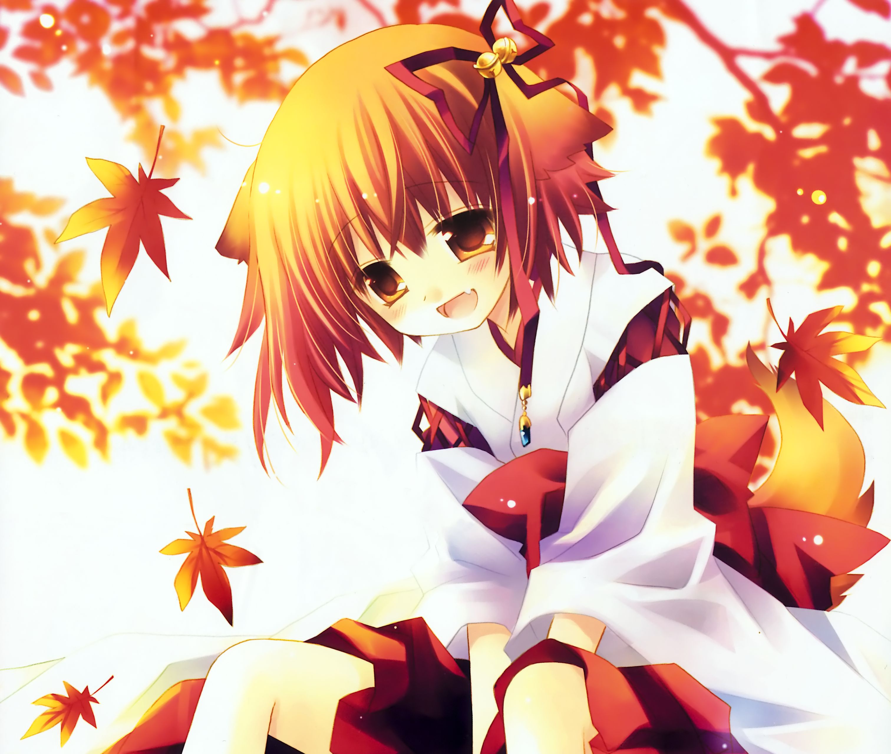 Free download wallpaper Anime, Smile, Tail, Bell, Ribbon, Original, Brown Eyes, Brown Hair, Short Hair, Miko Outfit on your PC desktop