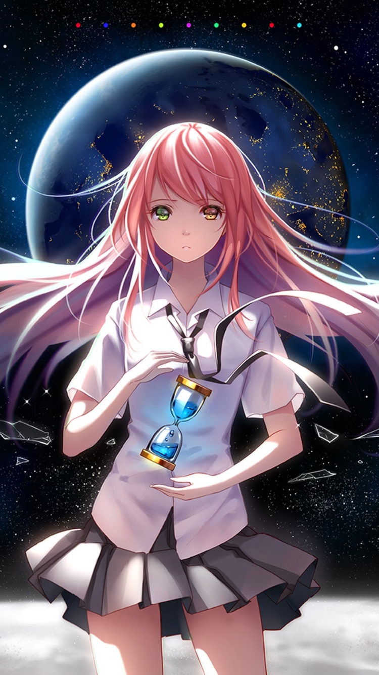 Download mobile wallpaper Anime, Space, Heterochromia, Original, Pink Hair, Hourglass, School Uniform, Long Hair for free.