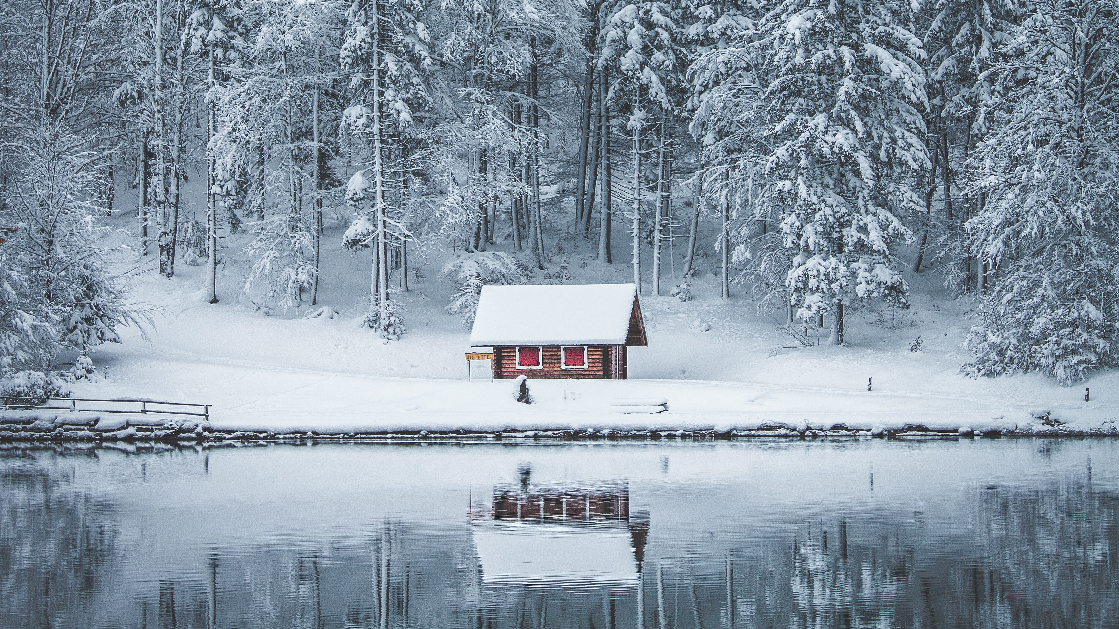 Handy-Wallpaper Winter, Schnee, Wald, Haus, Teich, Fotografie, Betrachtung kostenlos herunterladen.