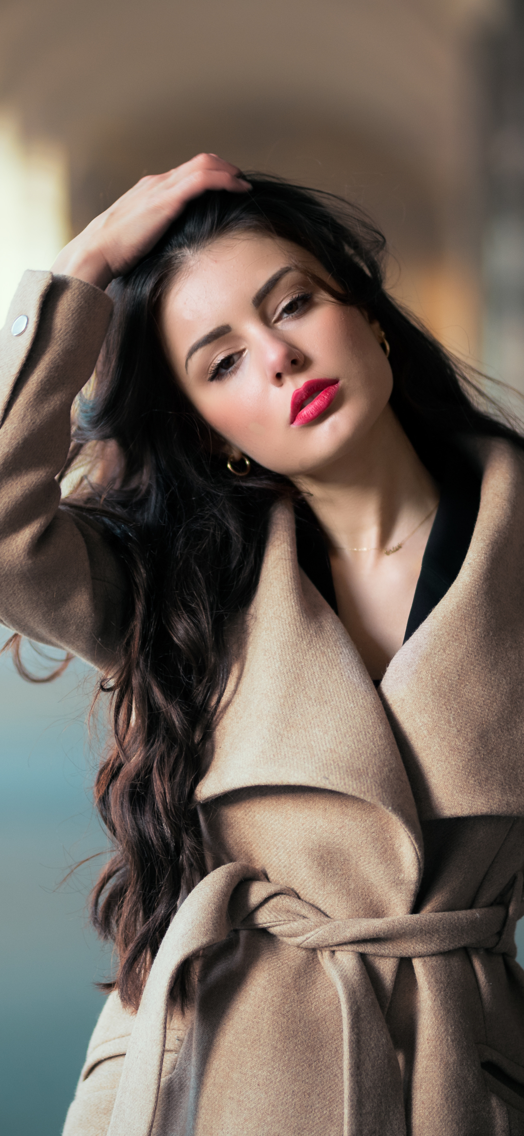 Download mobile wallpaper Brunette, Coat, Model, Women, Long Hair, Lipstick for free.