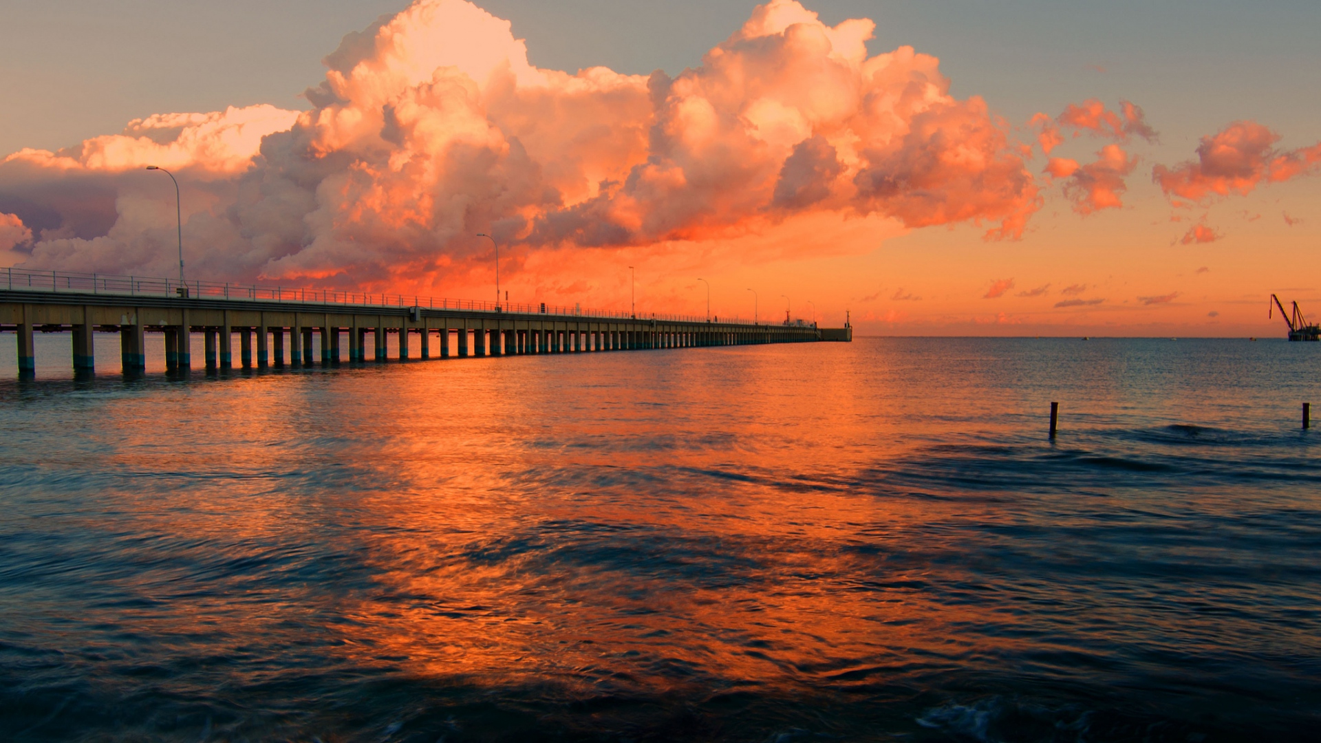 PCデスクトップに日没, 海, 地平線, 橋脚, 海洋, マンメイド画像を無料でダウンロード