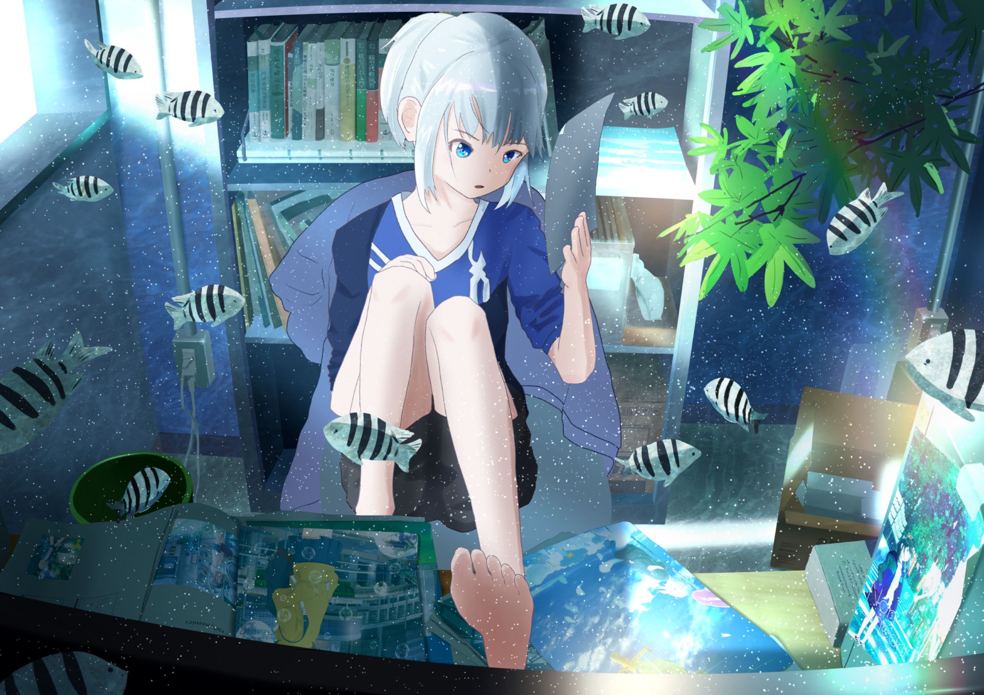 Free download wallpaper Anime, Fish, Blue Eyes, Original, White Hair on your PC desktop