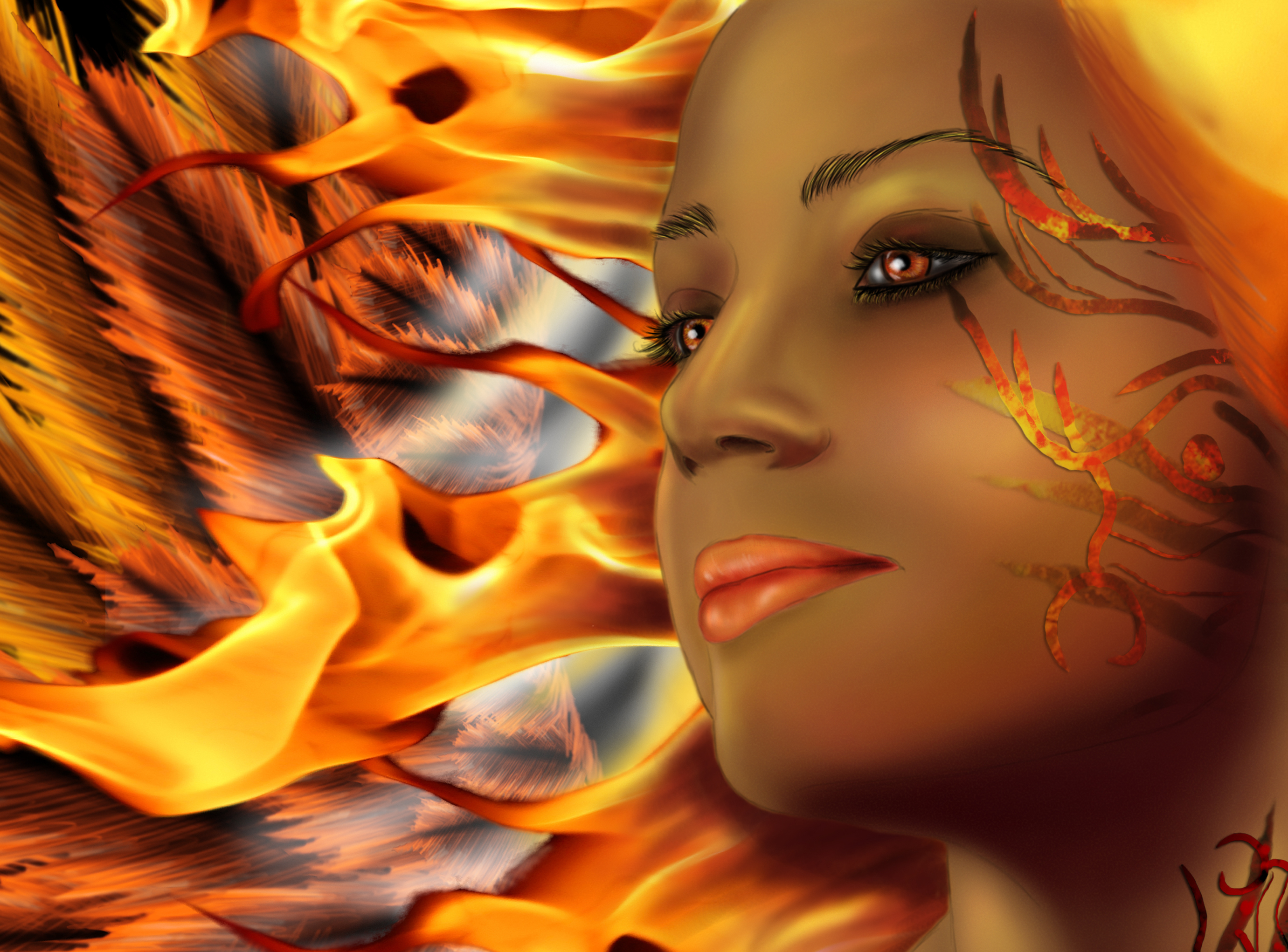 Laden Sie das Fantasie, Feuer, Farben, Gesicht, Frauen, Orangefarbene Augen-Bild kostenlos auf Ihren PC-Desktop herunter