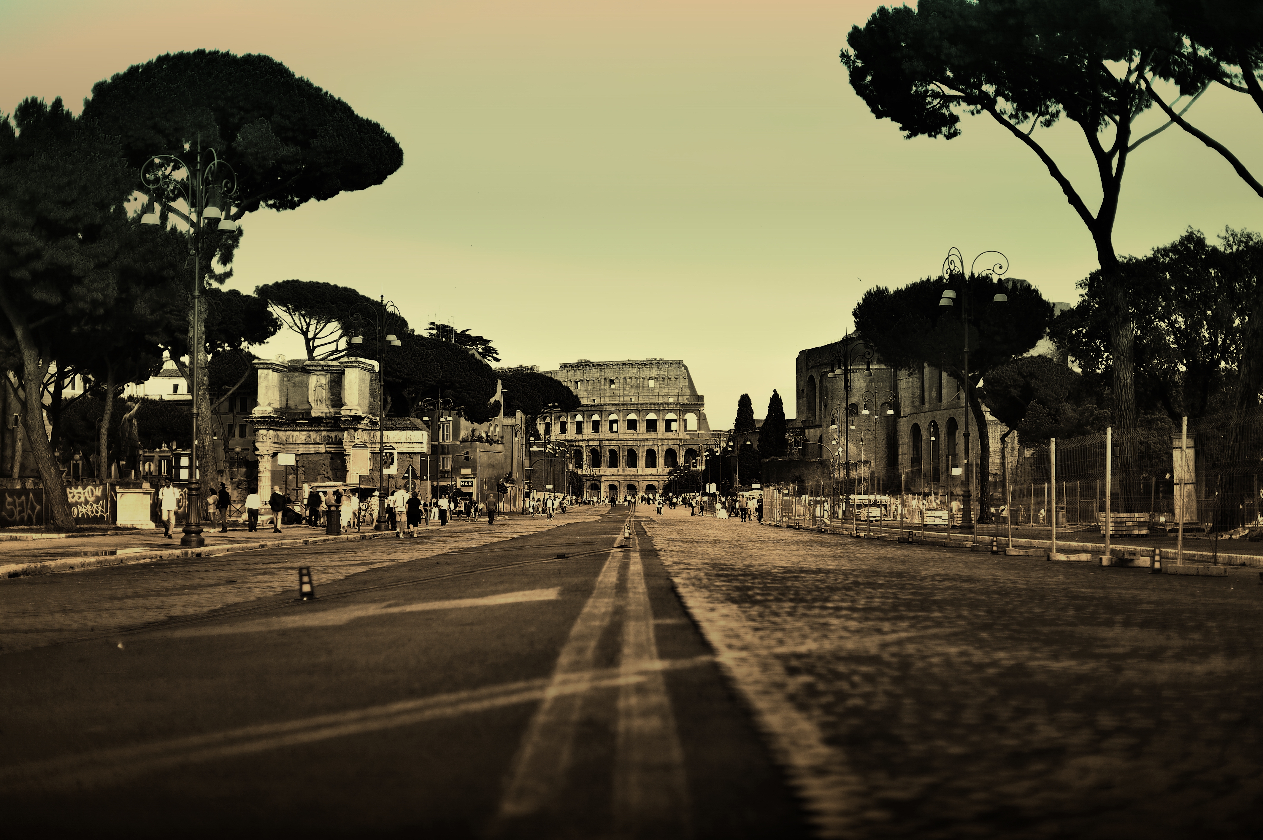 colosseum, city, cities, people, trees, italy, road, street, rome