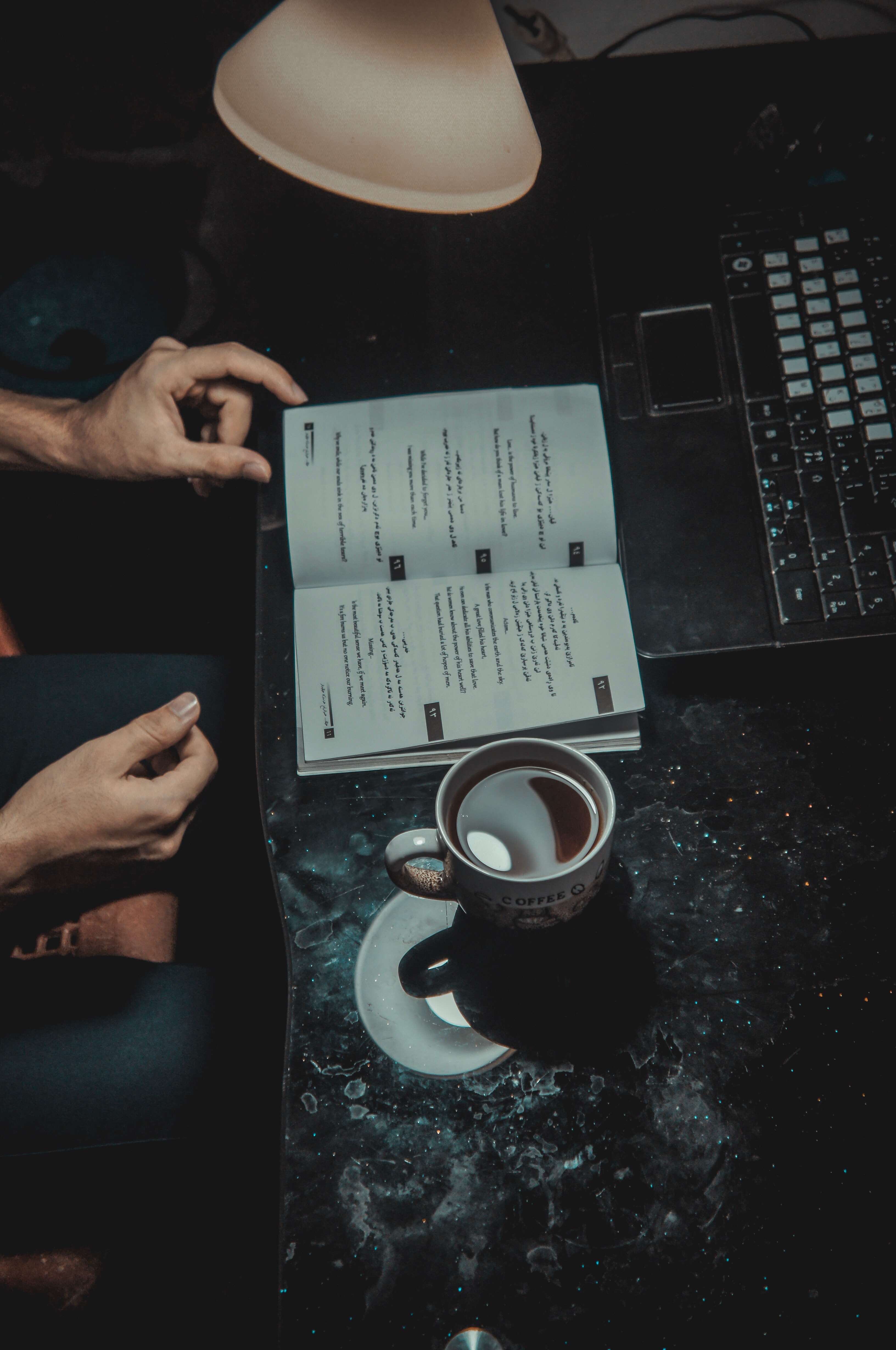 laptop, book, notebook, cup, miscellanea, miscellaneous, hands, mood Full HD