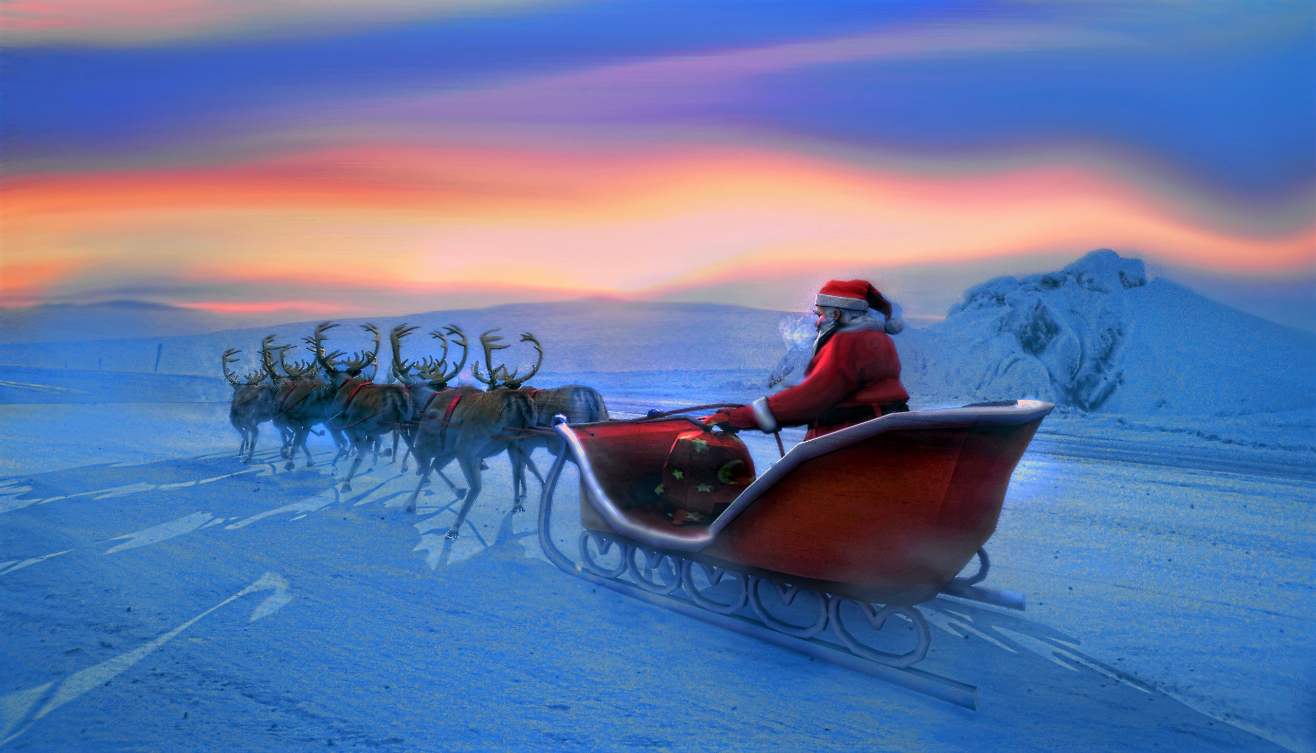 Download mobile wallpaper Snow, Christmas, Holiday, Sleigh, Santa, Reindeer for free.