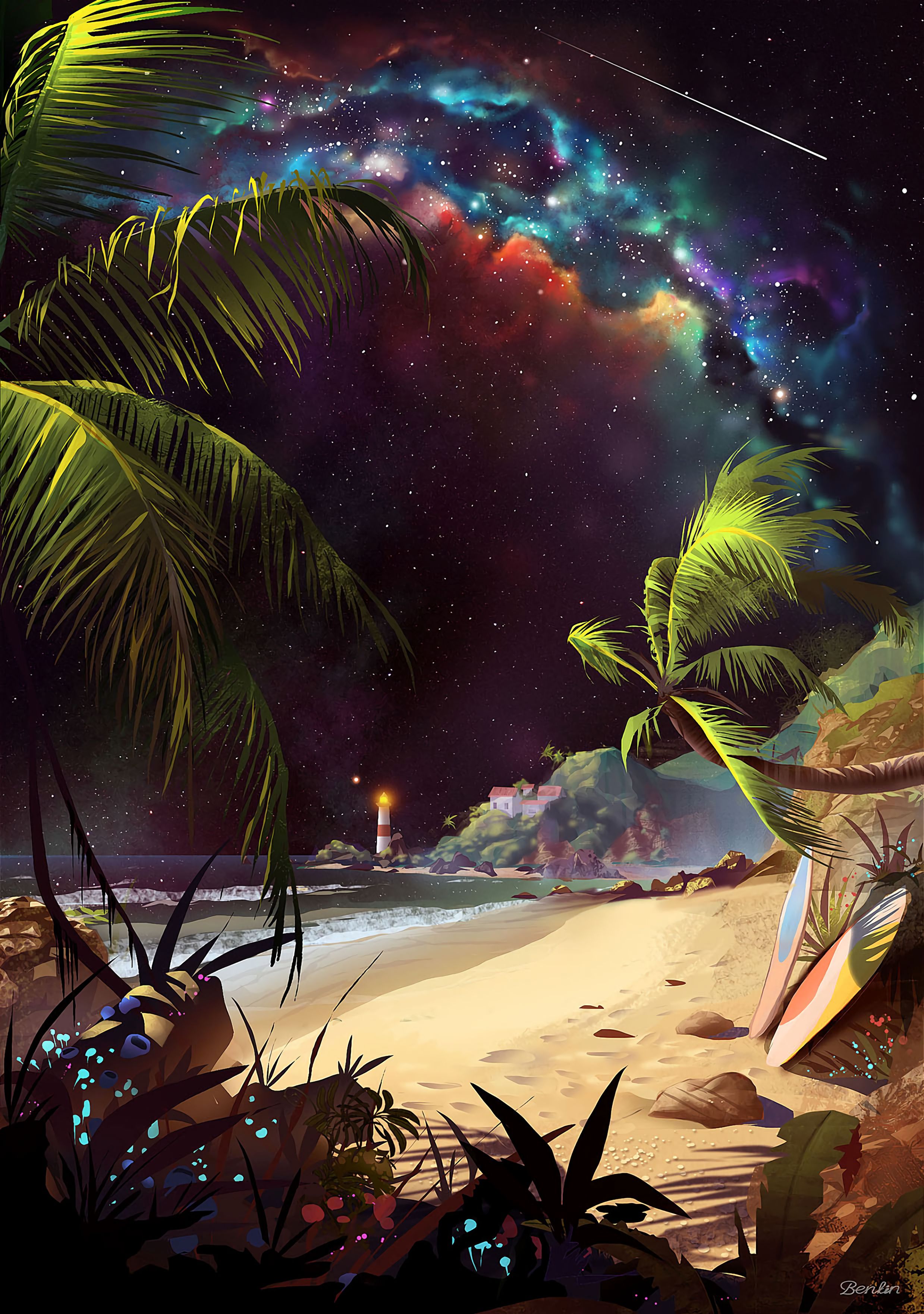 starry sky, art, beach, lighthouse, sand, palms HD wallpaper