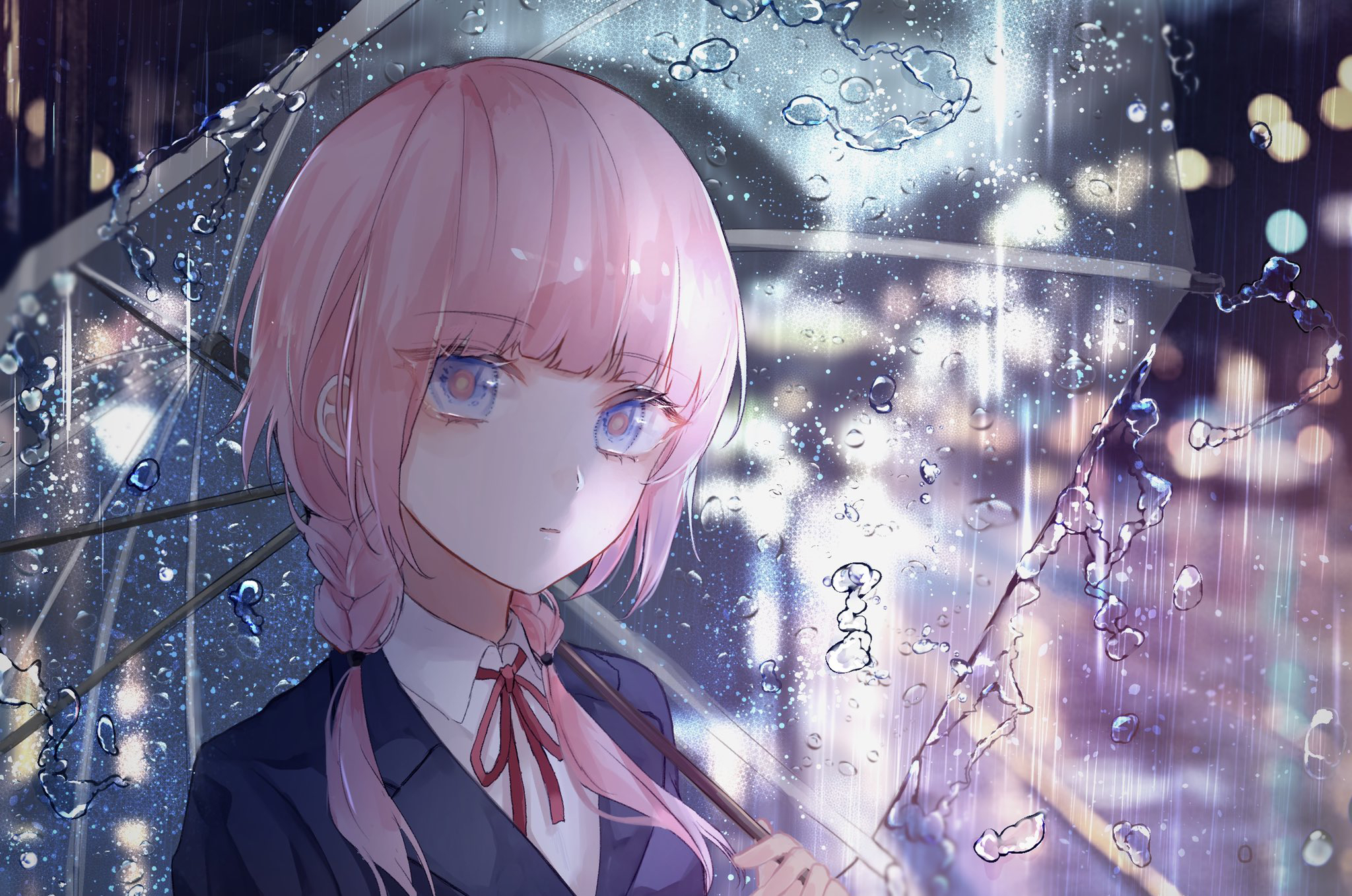 kaf (virtual youtuber), anime, virtual youtuber, pink hair, rain, umbrella