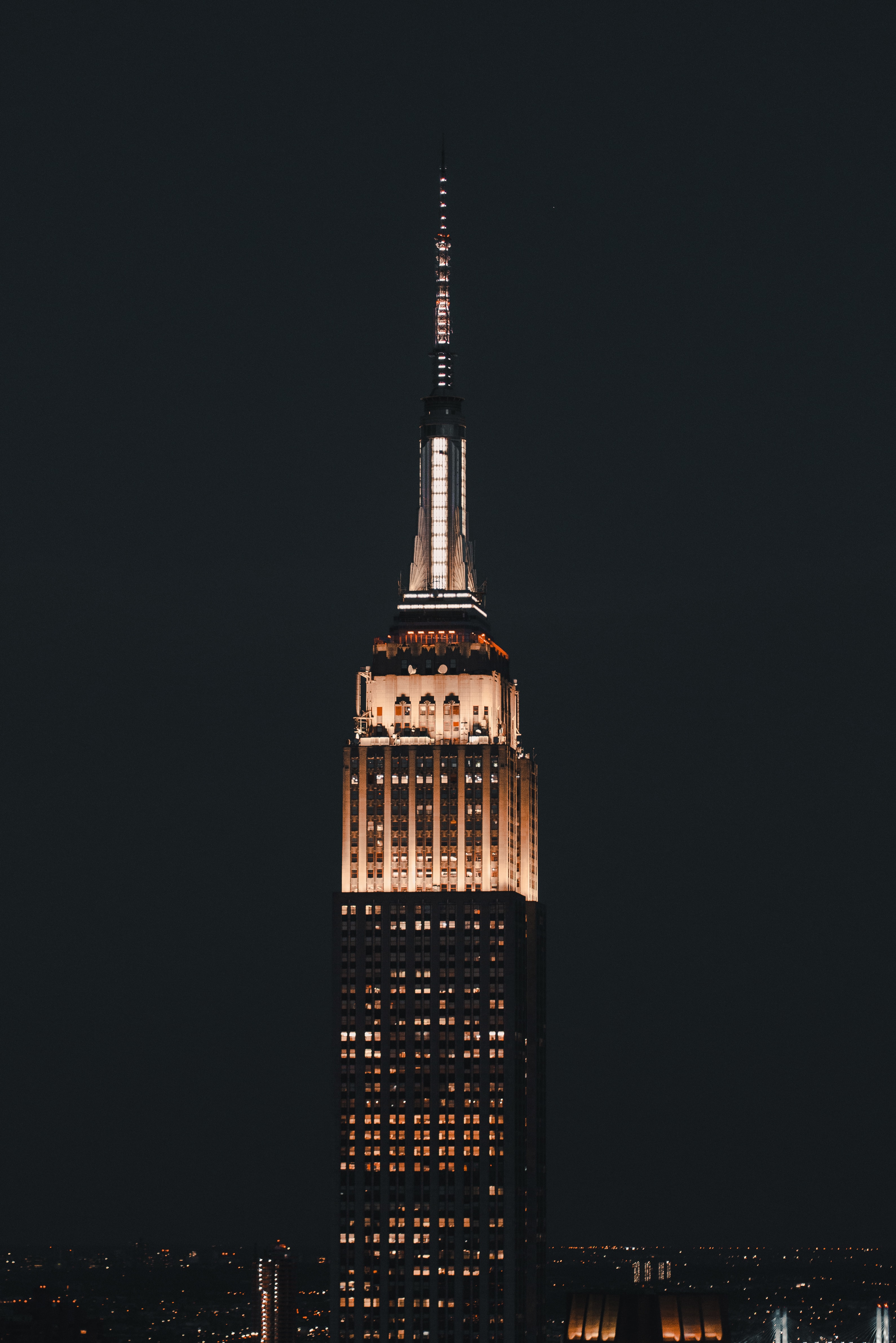 Download mobile wallpaper Lights, Tower, Building, Cities, Empire State Building, Architecture, Night, Dark for free.