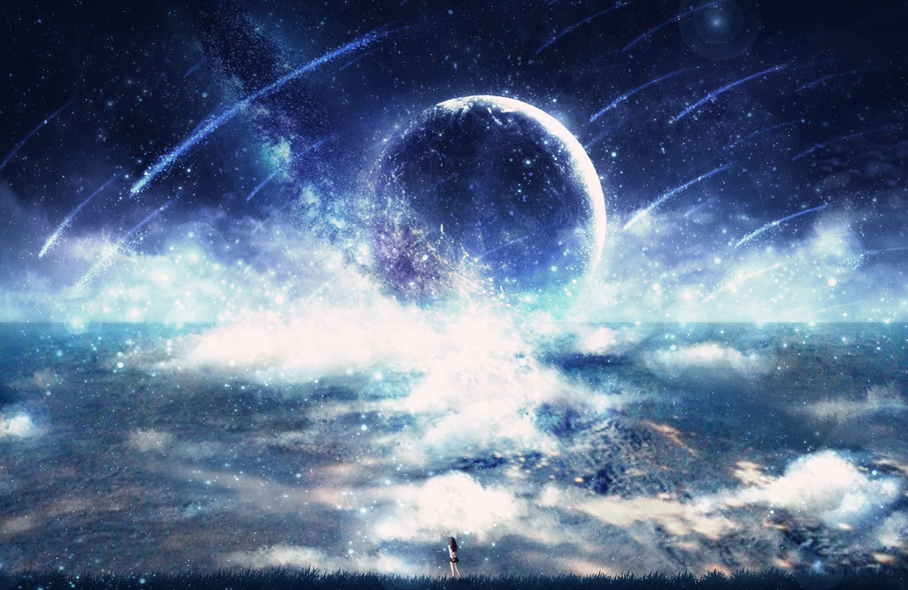 Free download wallpaper Anime, Fantasy, Sky, Night, Light, Planet, Cloud, Comet, Original on your PC desktop