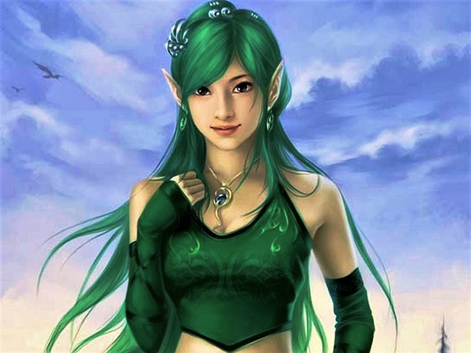 Download mobile wallpaper Fantasy, Green Hair, Elf, Long Hair for free.