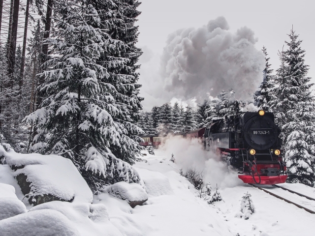 Handy-Wallpaper Winter, Schnee, Zug, Dampflokomotive, Fahrzeuge kostenlos herunterladen.