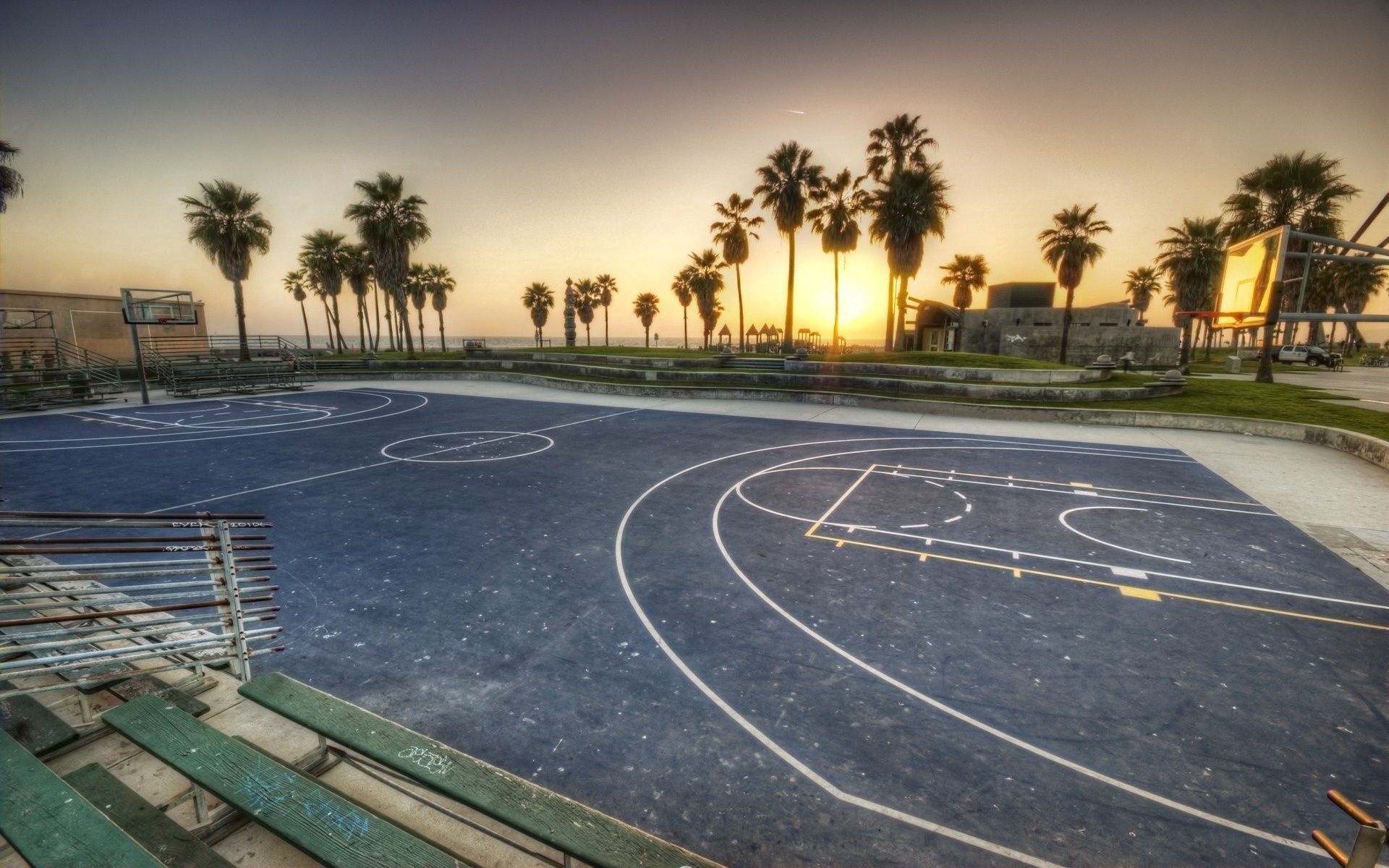basketball, los angeles, nature, palms, markup, playground, platform, evening, california