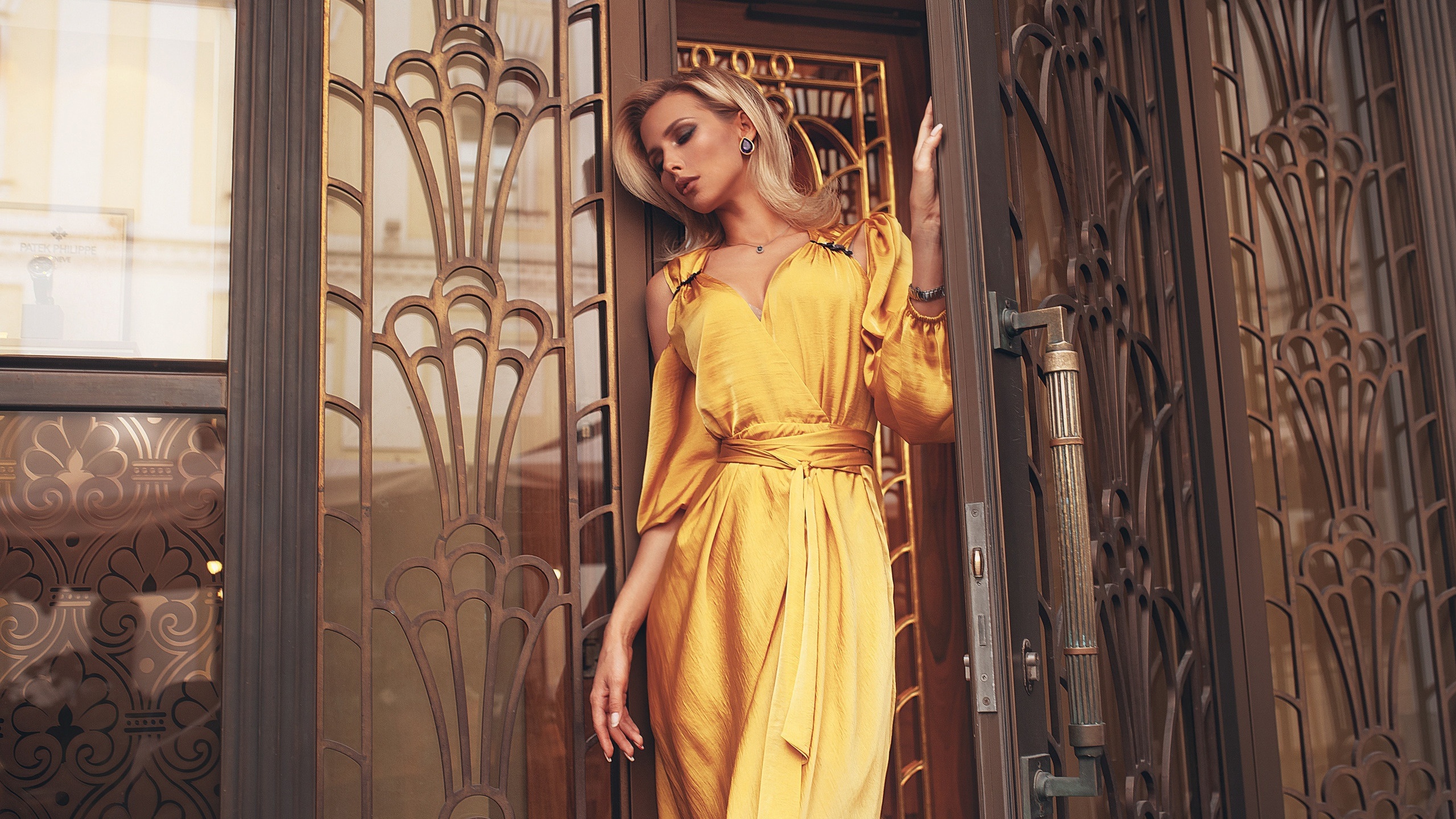 Download mobile wallpaper Mood, Blonde, Model, Women, Yellow Dress for free.