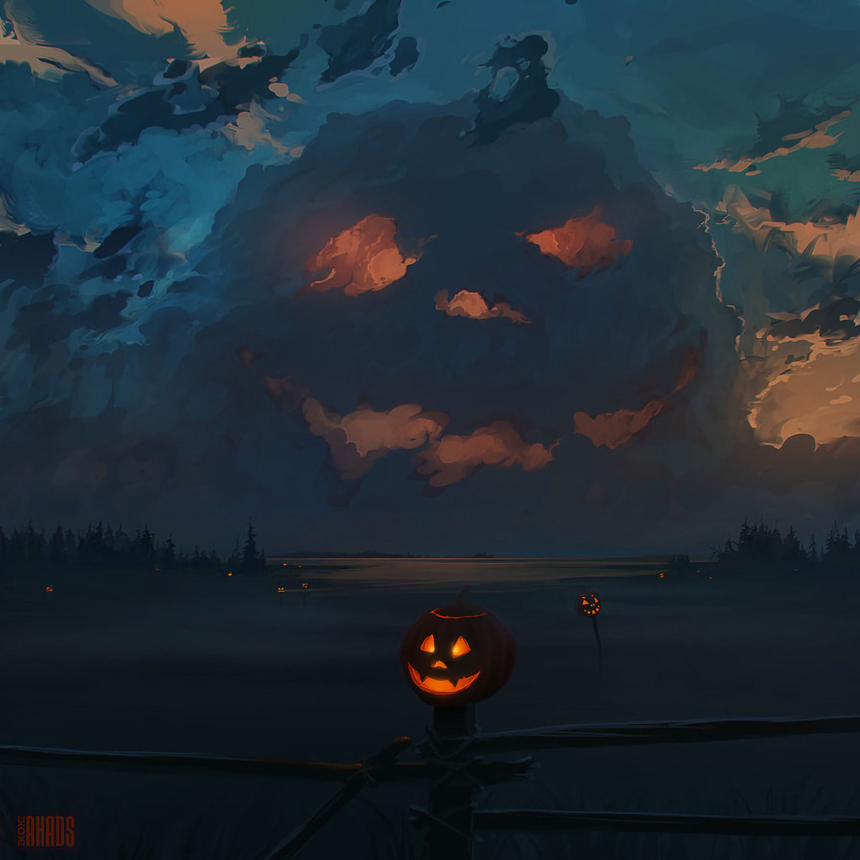 halloween, jack lamp, pumpkin, holidays, art, clouds, jack's lamp