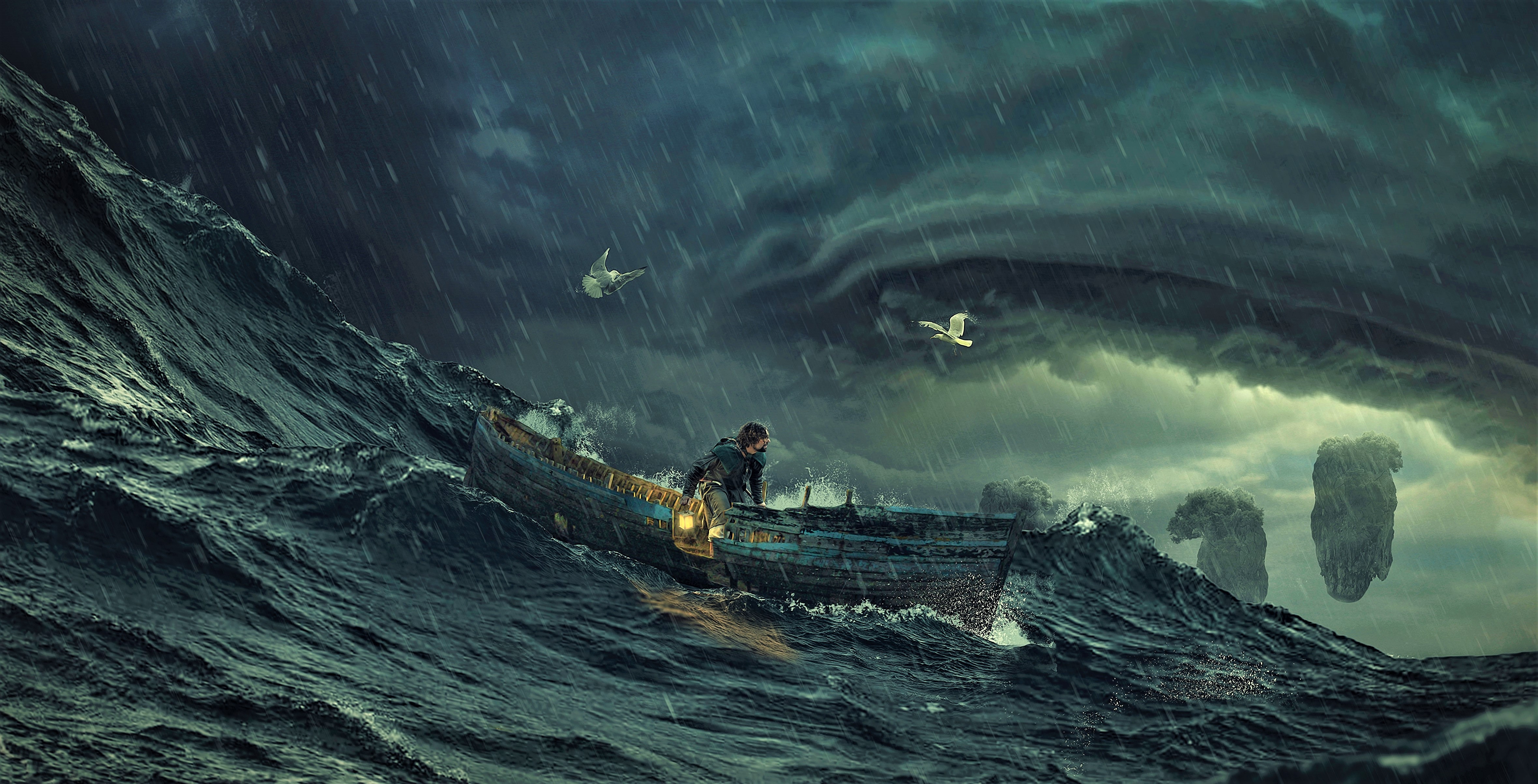 Download mobile wallpaper Fantasy, Sea, Ocean, Boat, Storm, Artistic, Wave for free.