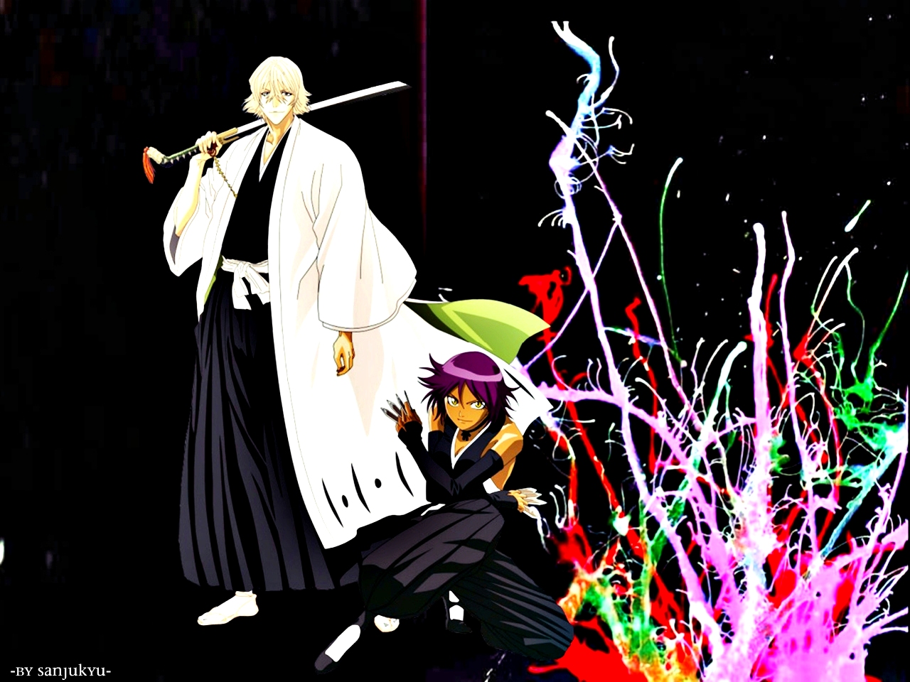 Laden Sie das Bleach, Animes, Yoruichi Shihoin, Kisuke Urahara-Bild kostenlos auf Ihren PC-Desktop herunter