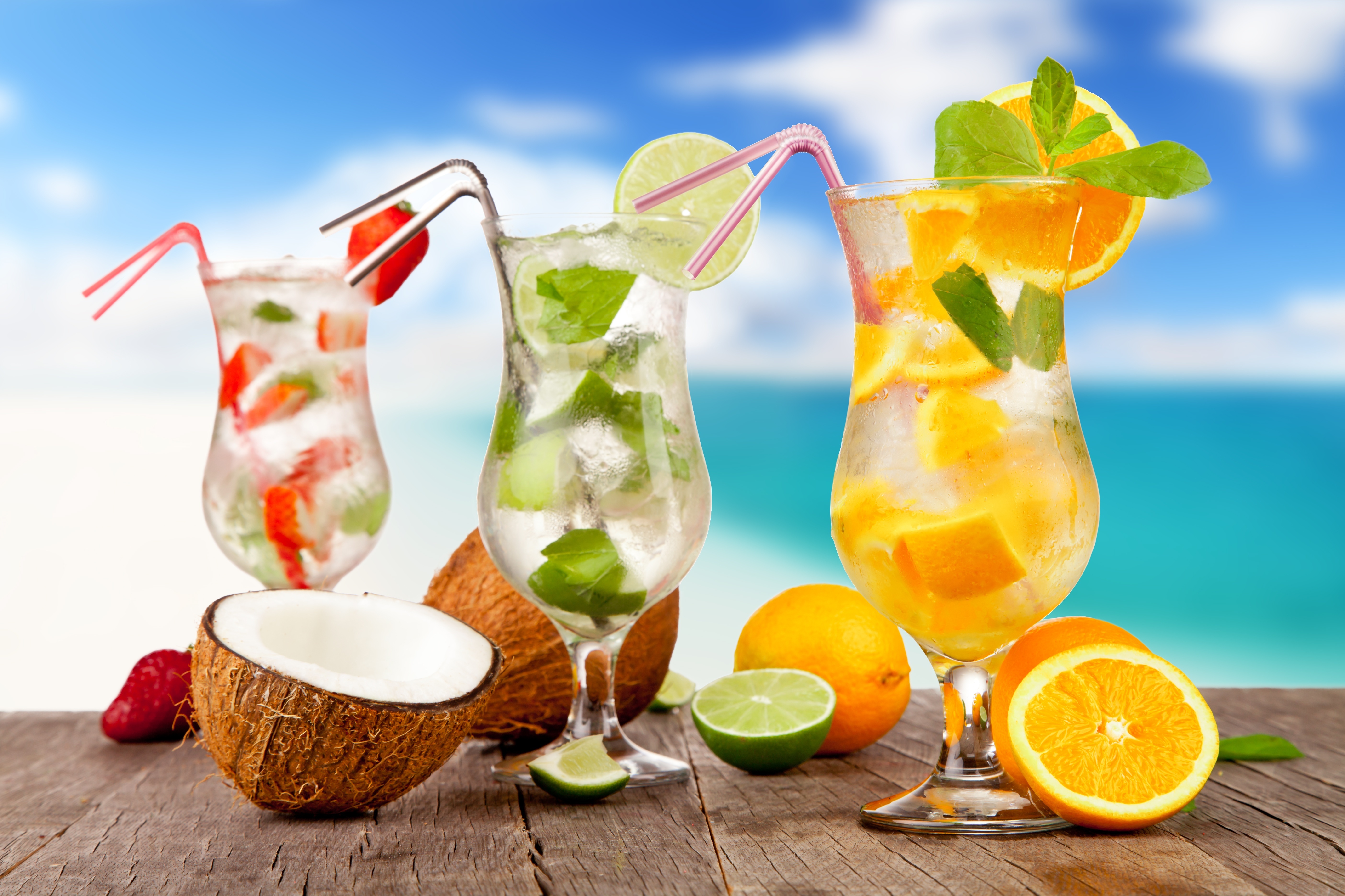 food, cocktail, coconut, drink, fruit, glass, orange (fruit), strawberry, summer