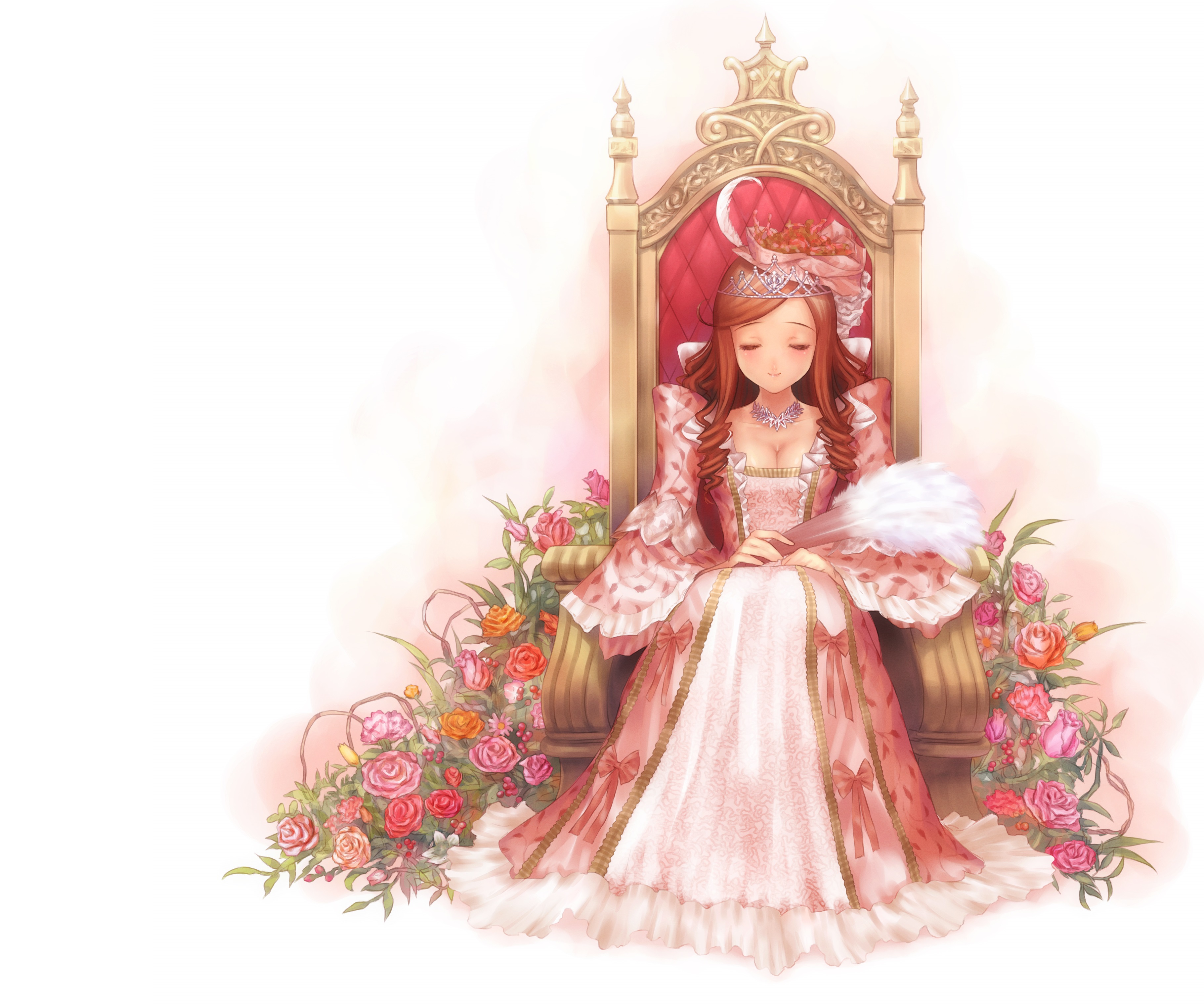 Download mobile wallpaper Anime, Flower, Smile, Dress, Fan, Headdress, Original, Long Hair, Brown Hair, Throne, Tiara for free.