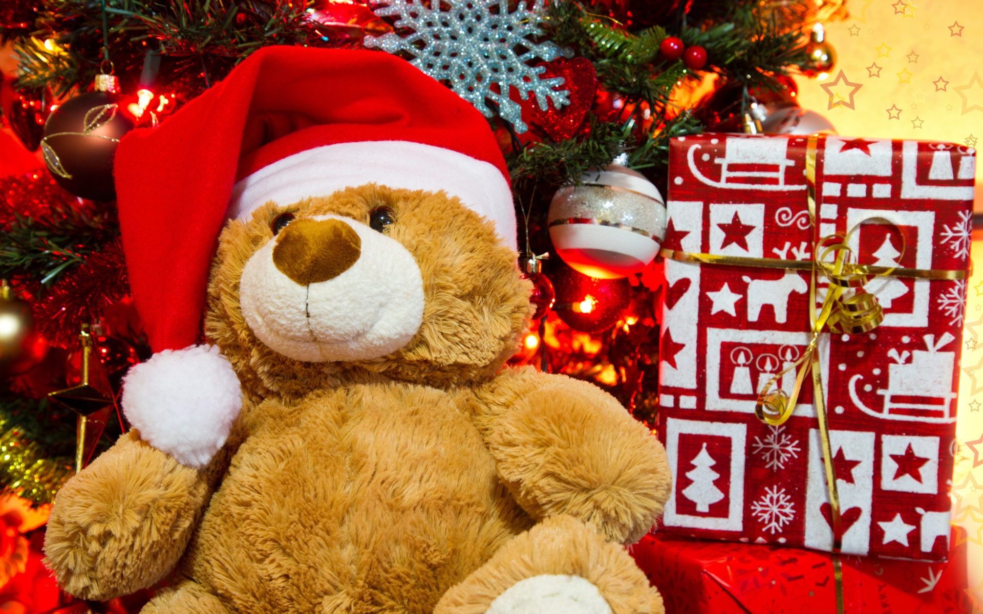 Handy-Wallpaper Feiertage, Weihnachten, Teddybär, Geschenk, Weihnachtsschmuck, Weihnachtsmütze kostenlos herunterladen.
