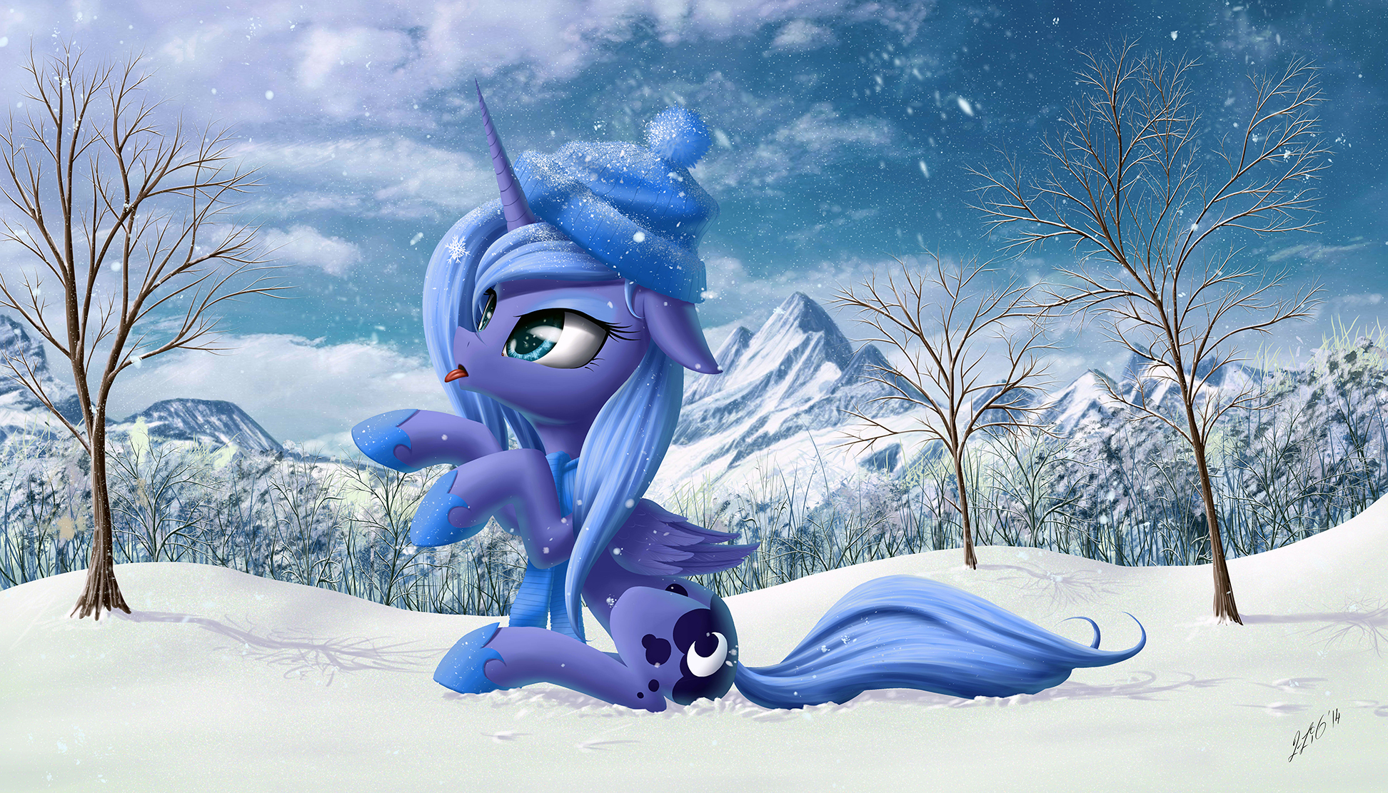 tv show, my little pony: friendship is magic, blue eyes, cute, hat, pony, princess luna, snow, my little pony