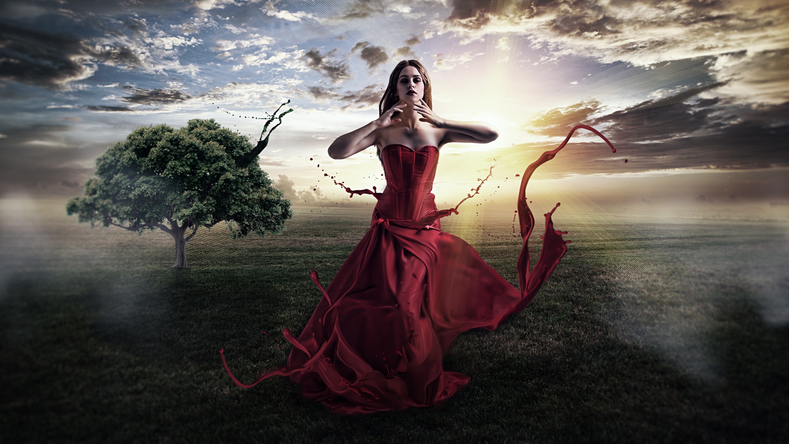 Free download wallpaper Fantasy, Tree, Cloud, Women, Red Dress on your PC desktop