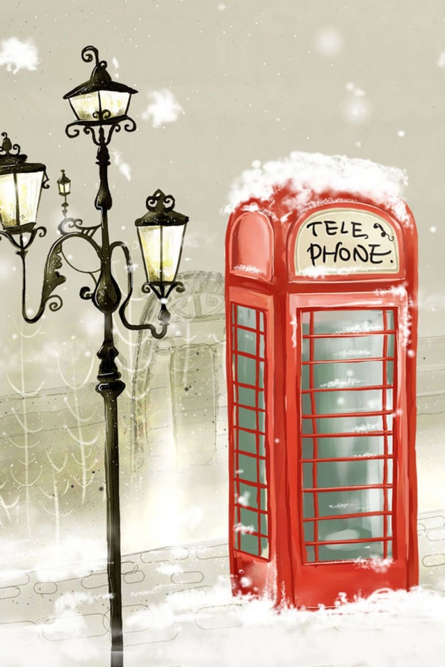 Скачать картинку Зима, Снег, Телефонная Будка, Фонарный Столб, Художественные, Уличный Фонарь в телефон бесплатно.