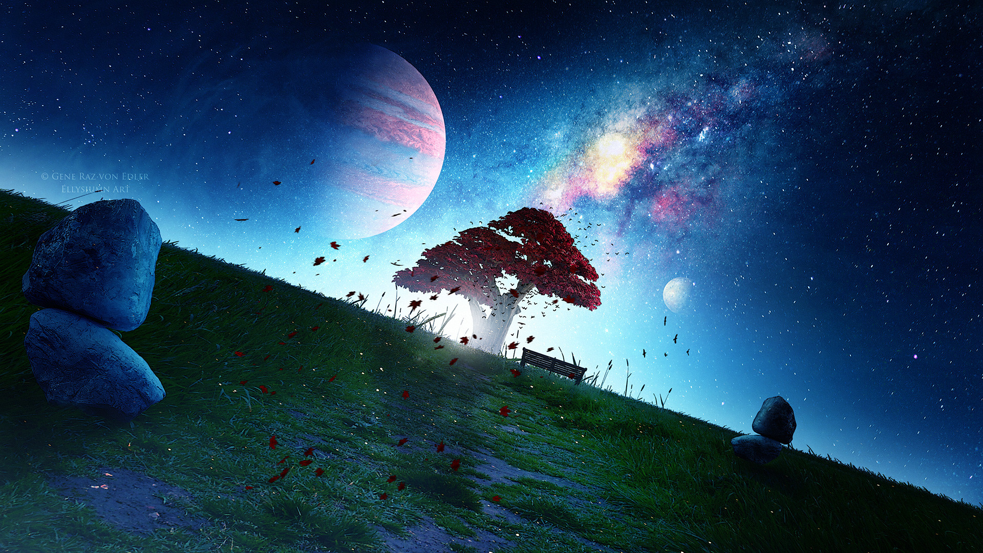 Download mobile wallpaper Landscape, Fantasy, Tree, Planet, Bench for free.