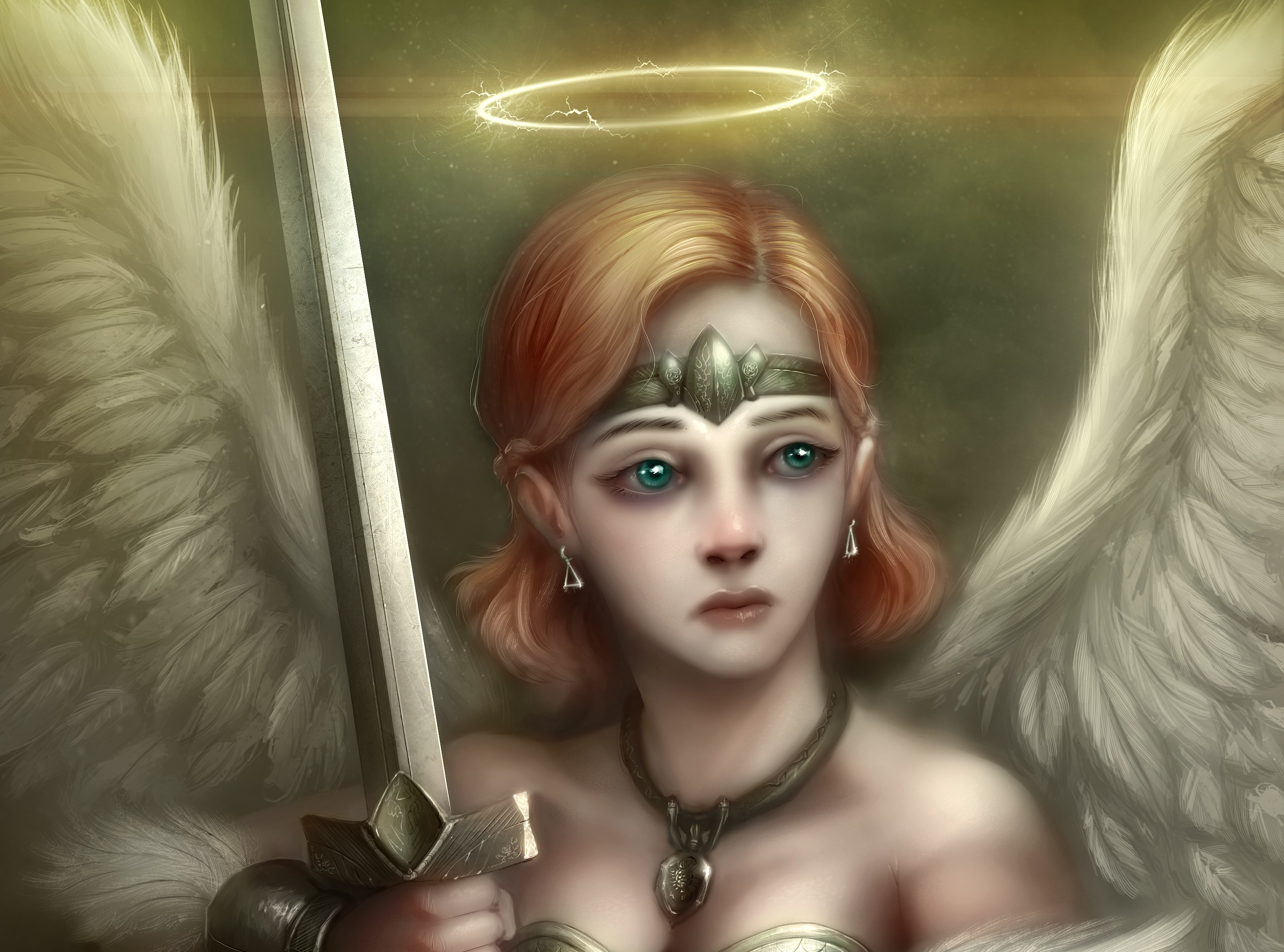 PCデスクトップにファンタジー, 翼, 顔, 緑の目, 剣, ショートヘア, 女戦士, オレンジヘア, 天使の戦士画像を無料でダウンロード