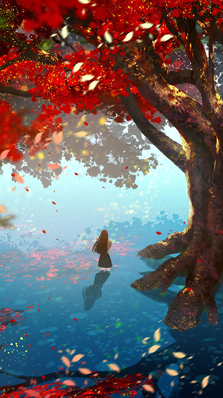 Download mobile wallpaper Anime, Reflection, Couple, Tree, Fall for free.