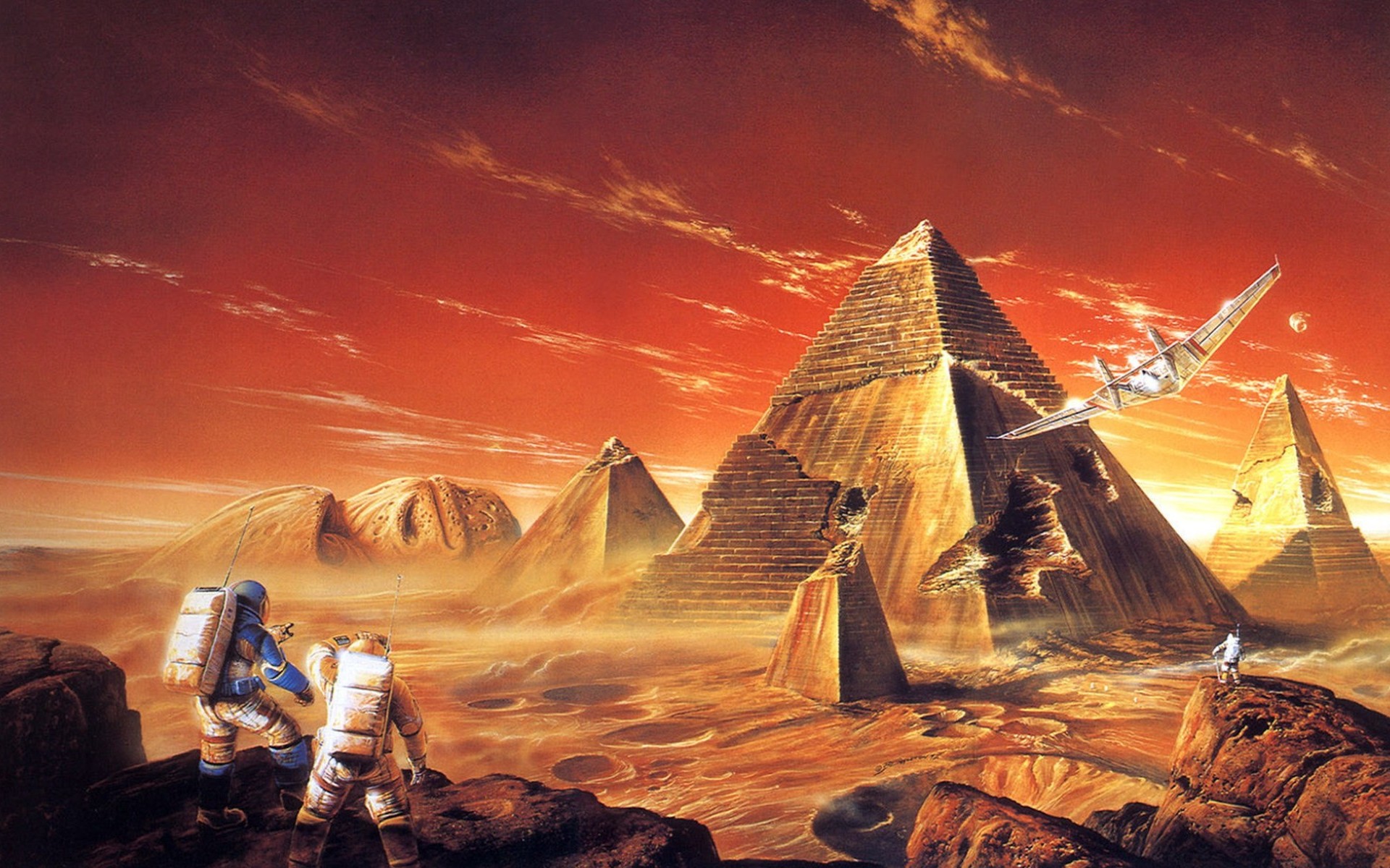 Téléchargez des papiers peints mobile Désert, Science Fiction, Visage, Astronaute, Pyramide, Ruine gratuitement.