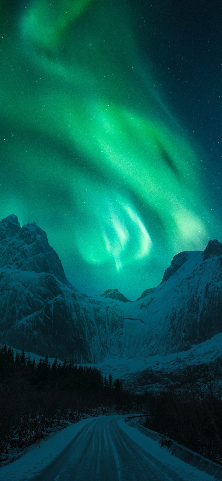 Download mobile wallpaper Winter, Nature, Night, Mountain, Road, Earth, Aurora Borealis for free.