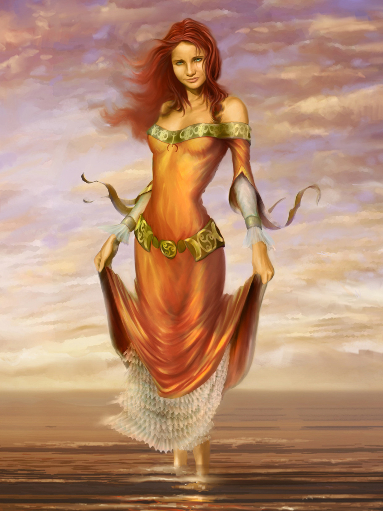 Download mobile wallpaper Fantasy, Sky, Cloud, Face, Dress, Women, Long Hair, Red Hair for free.