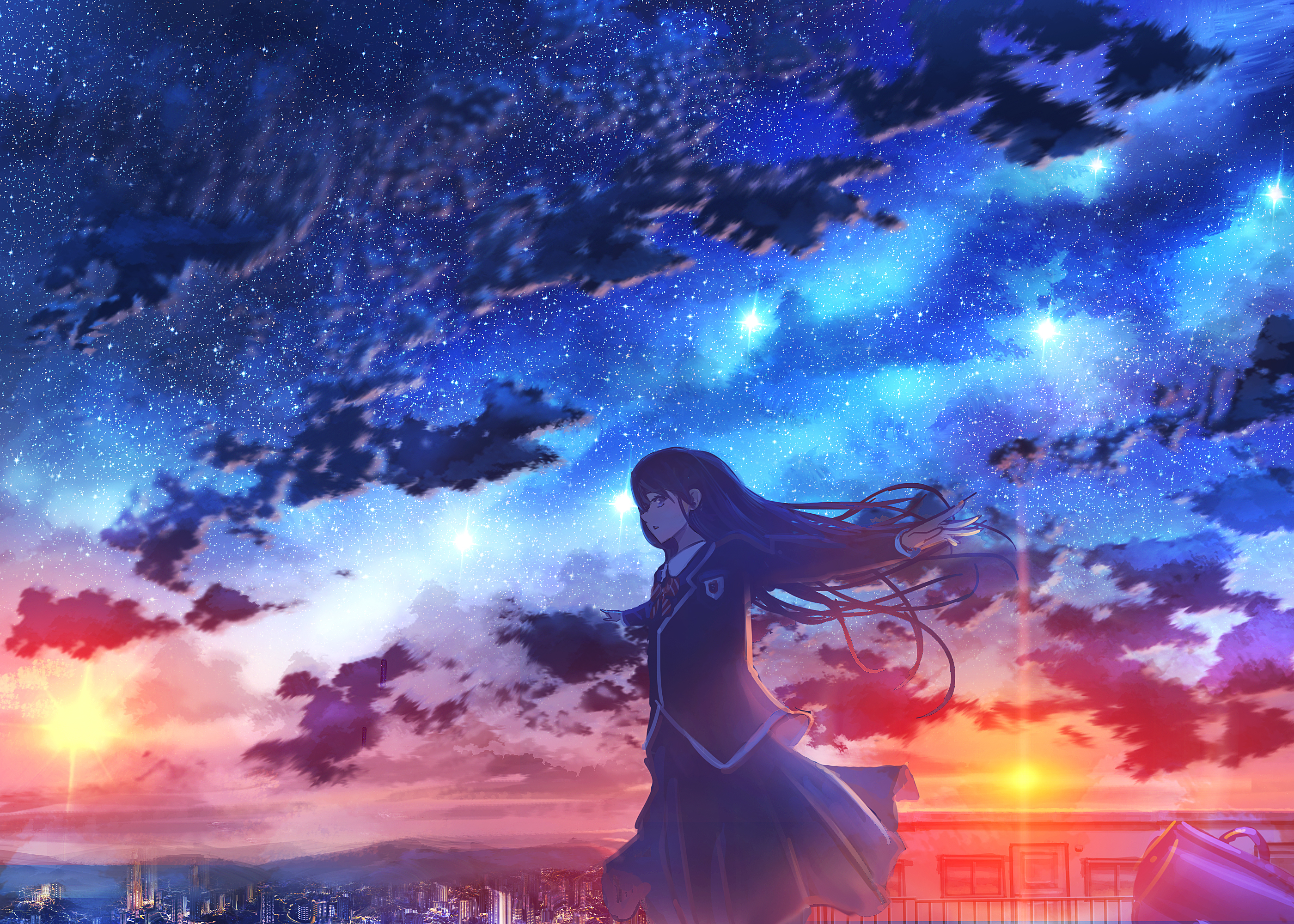 Baixe gratuitamente a imagem Anime, Pôr Do Sol, Céu, Céu Estrelado, Original, Cabelo Longo na área de trabalho do seu PC