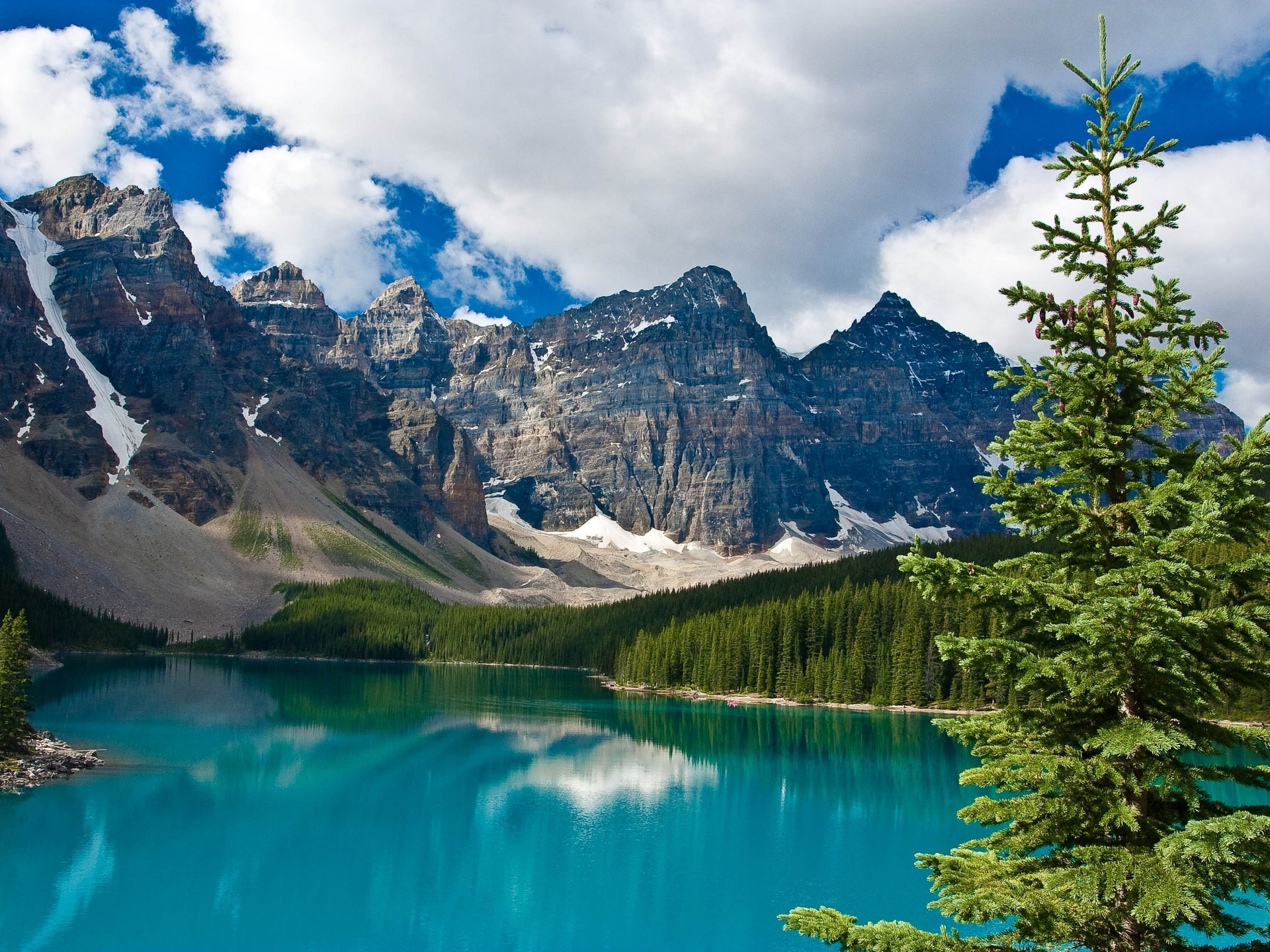 mountains, nature, trees, lake, spruce, fir, water surface