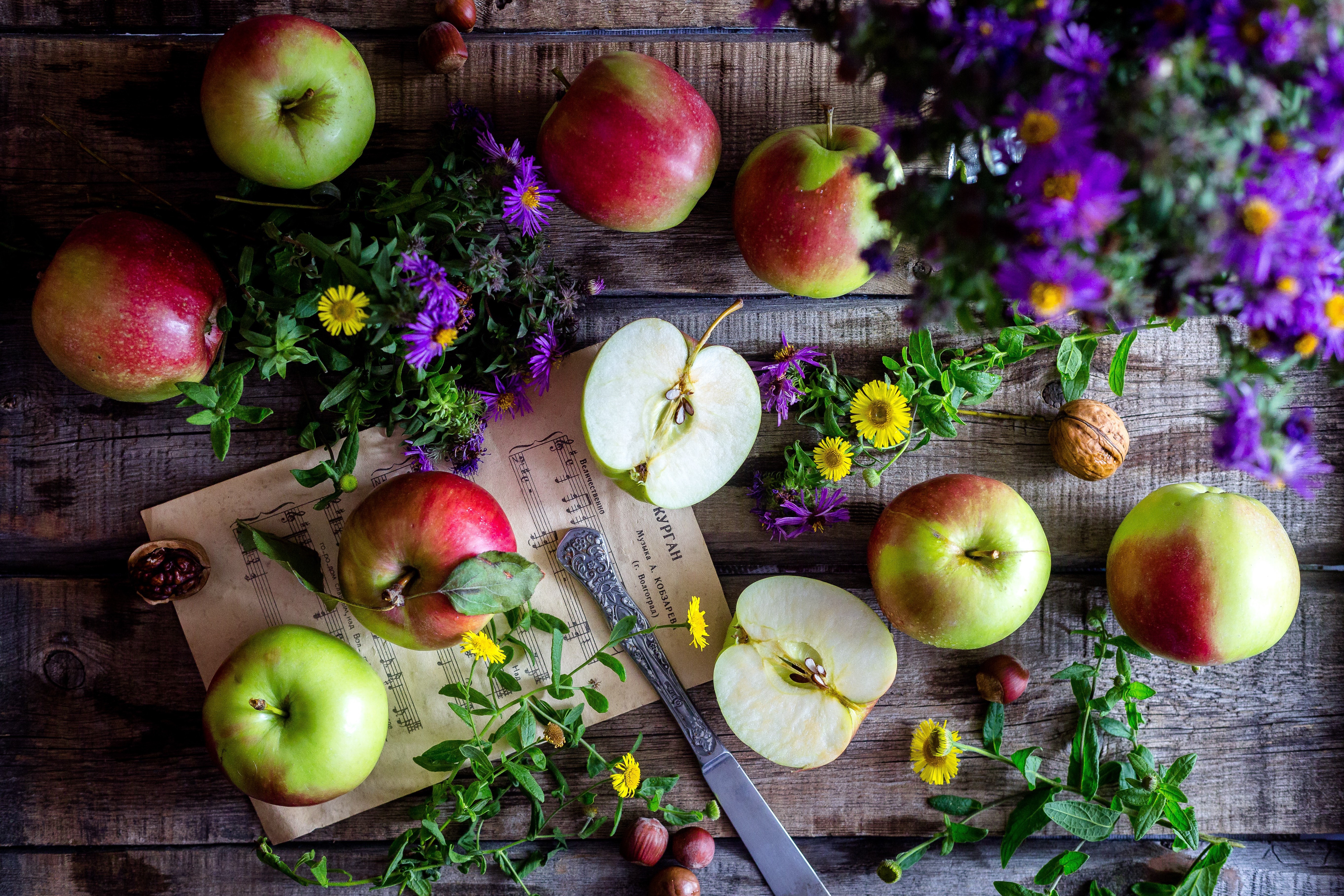Handy-Wallpaper Blume, Frucht, Apfel, Nahrungsmittel, Stillleben, Früchte kostenlos herunterladen.