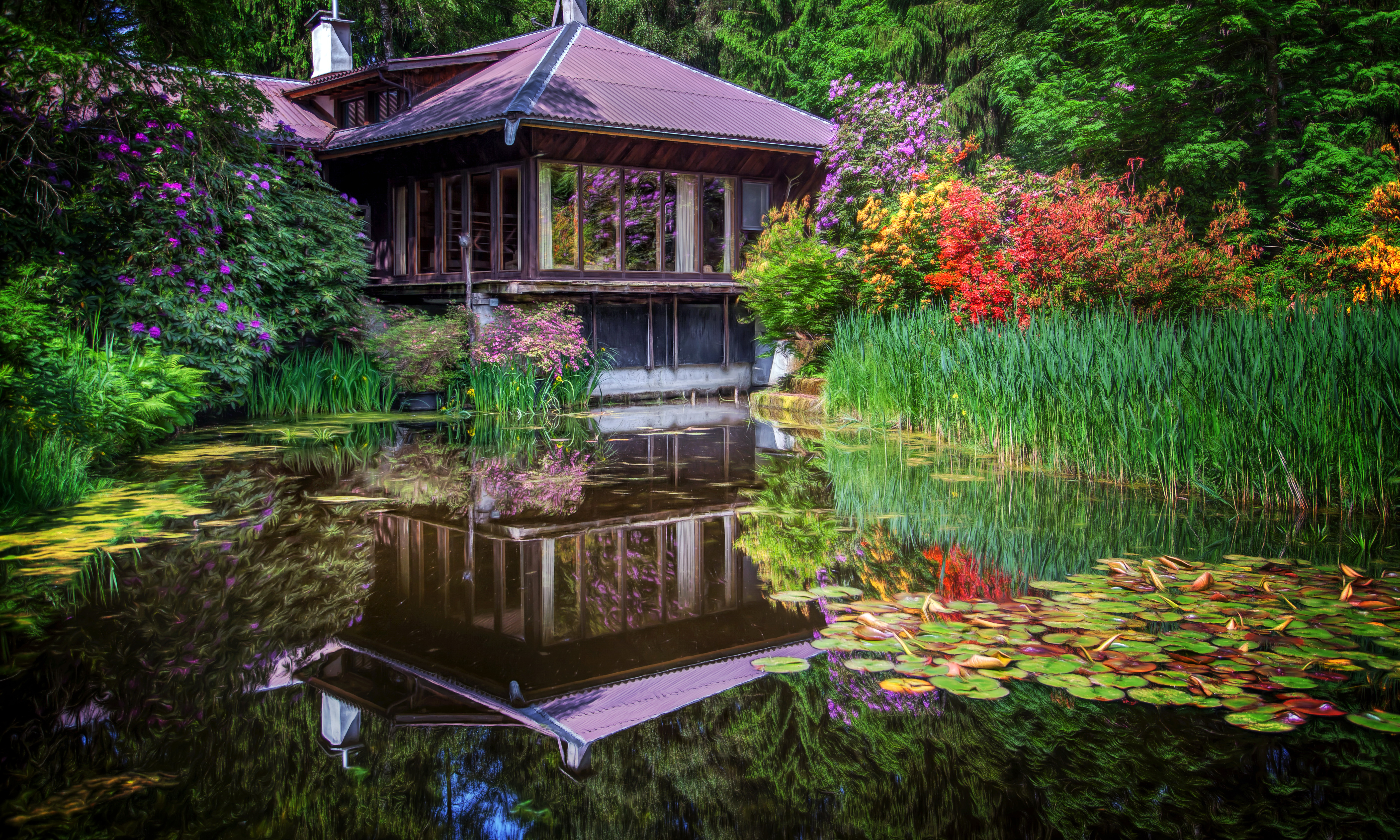 1526483 descargar fondo de pantalla hecho por el hombre, jardín japonés, flor, jardín, estanque, reflejo, agua: protectores de pantalla e imágenes gratis