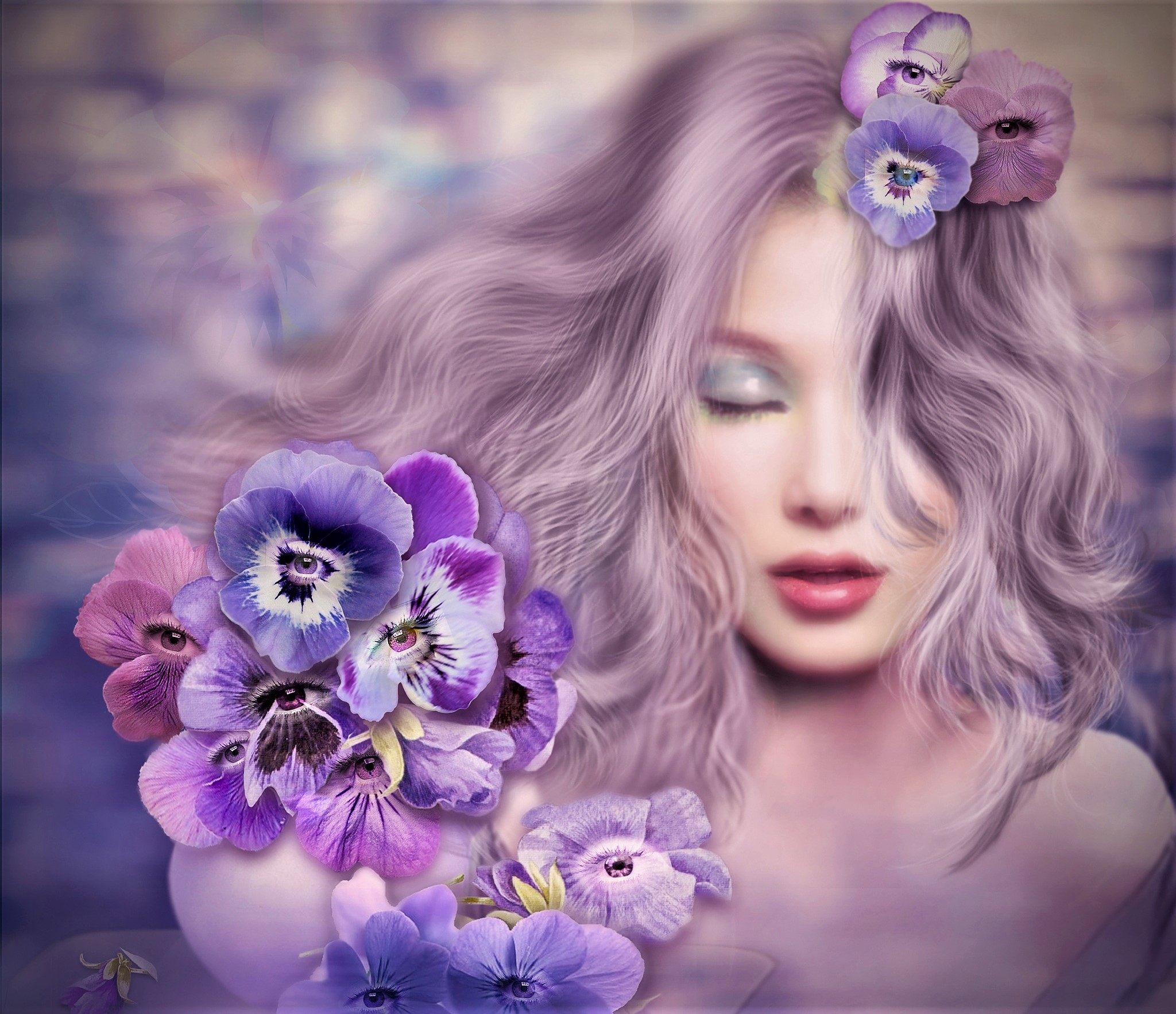 Download mobile wallpaper Fantasy, Flower, Purple, Eye, Women, Pansy for free.