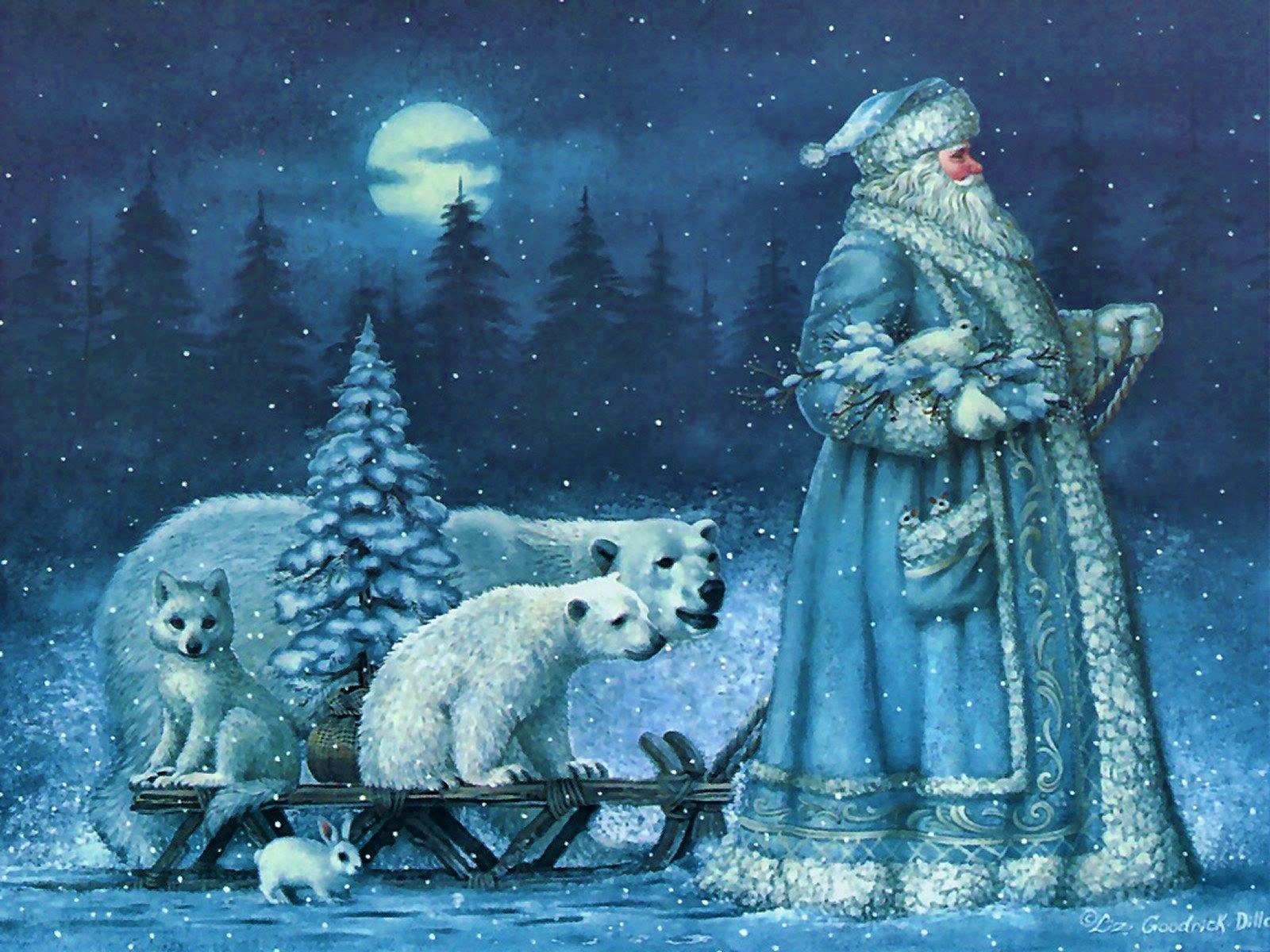 Download mobile wallpaper Moon, Snow, Tree, Painting, Artistic, Sleigh, Polar Bear, Santa for free.