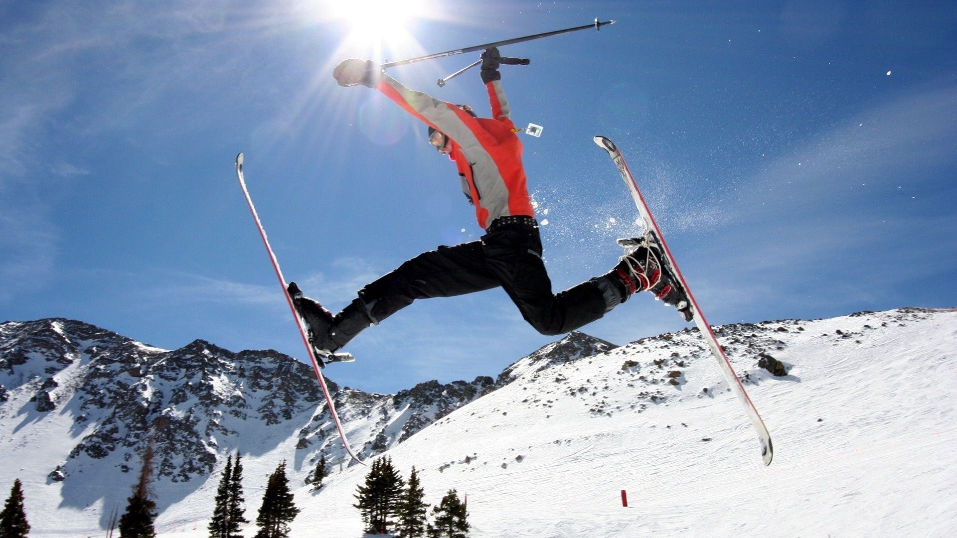 59967 baixar imagens esportes, céu, neve, inclinação, declive, esquiador, esquiar, gravetos, grudar, esqui - papéis de parede e protetores de tela gratuitamente