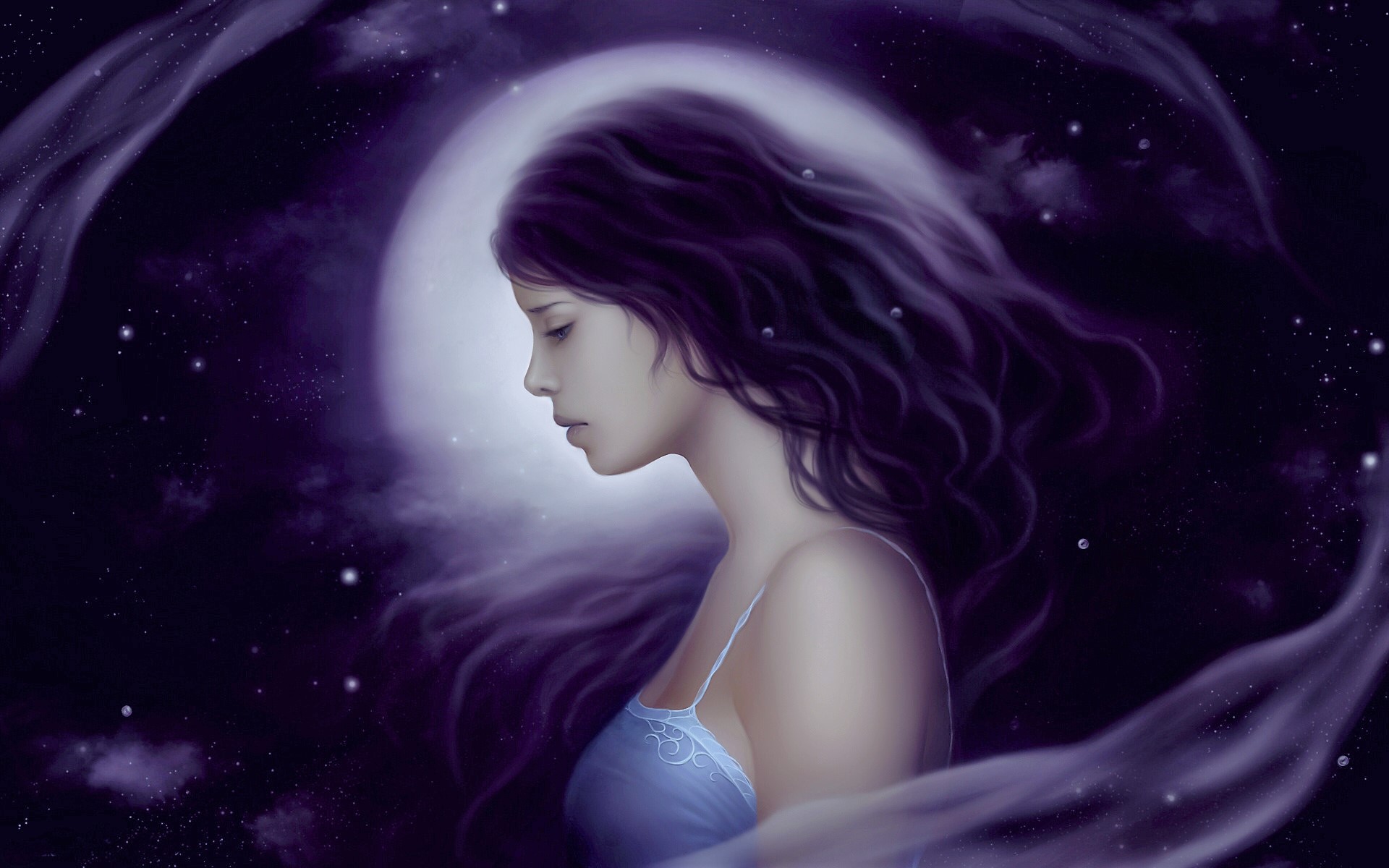 fantasy, women, moon, night, profile, purple